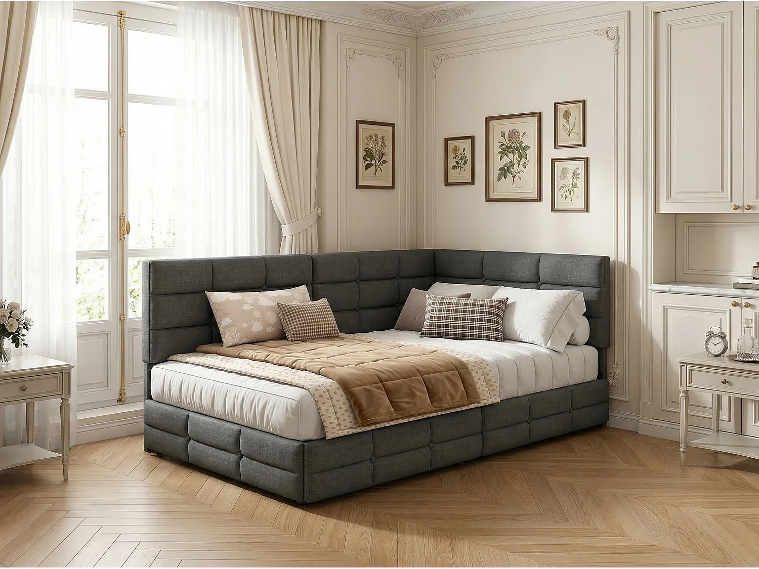 Lit avec rangement 90x200 cm en tissu beige - tête de lit capitonnée avec LED - avec sommier à lattes - lit rembourré à tiroirs