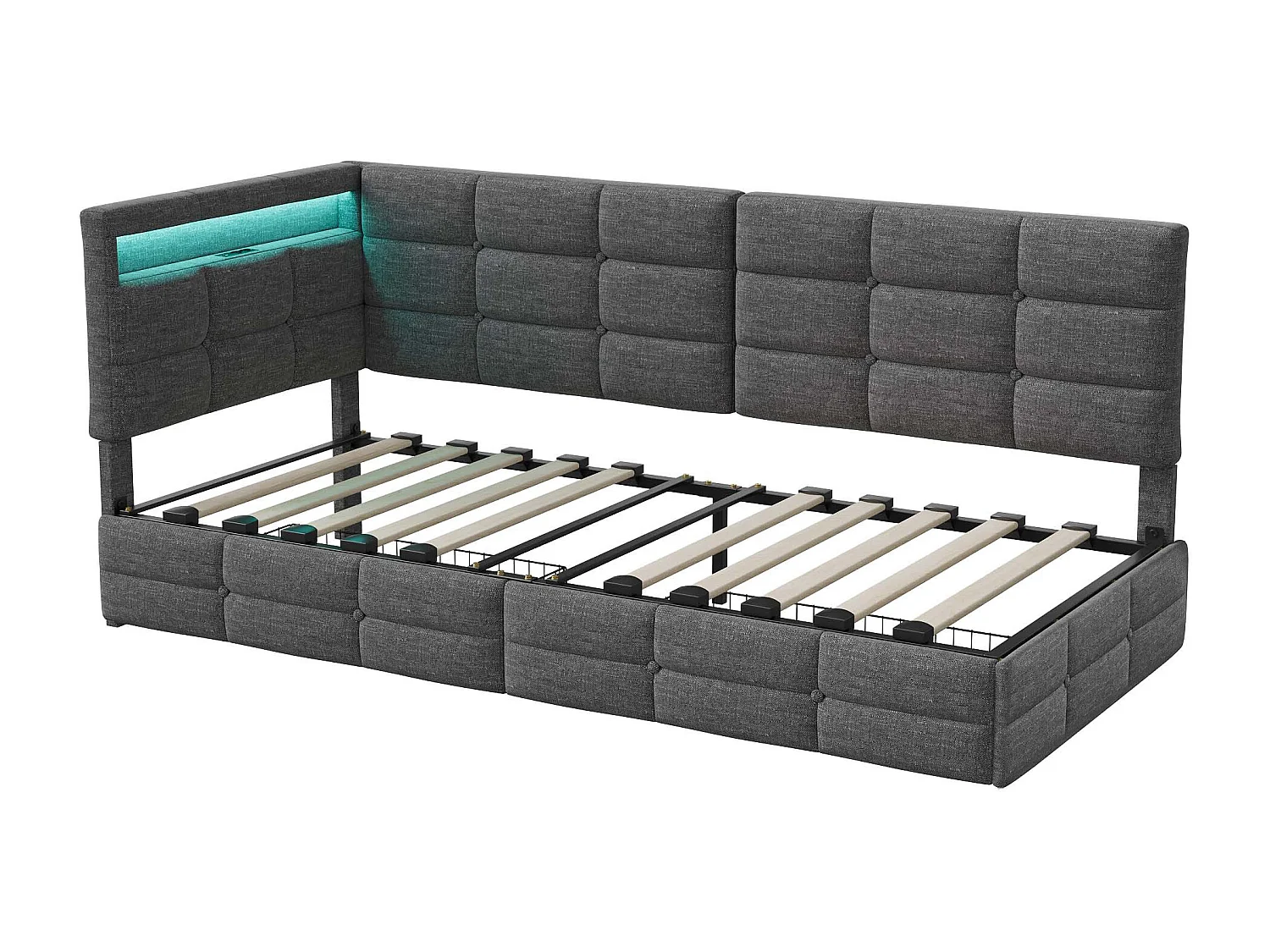 Lit avec rangement 90x200 cm en tissu beige - tête de lit capitonnée avec LED - avec sommier à lattes - lit rembourré à tiroirs