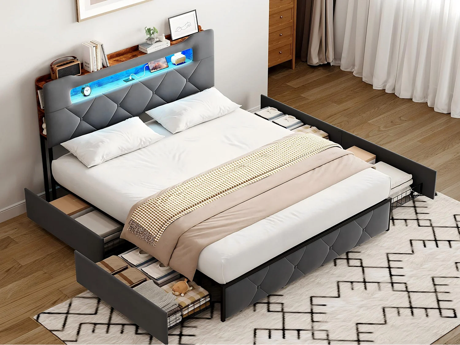 Lit 140x190 cm avec LED et USB, Lit avec 4 Tiroirs, Tête de Lit avec Rangement, Cadre Métal et Bois，Gris