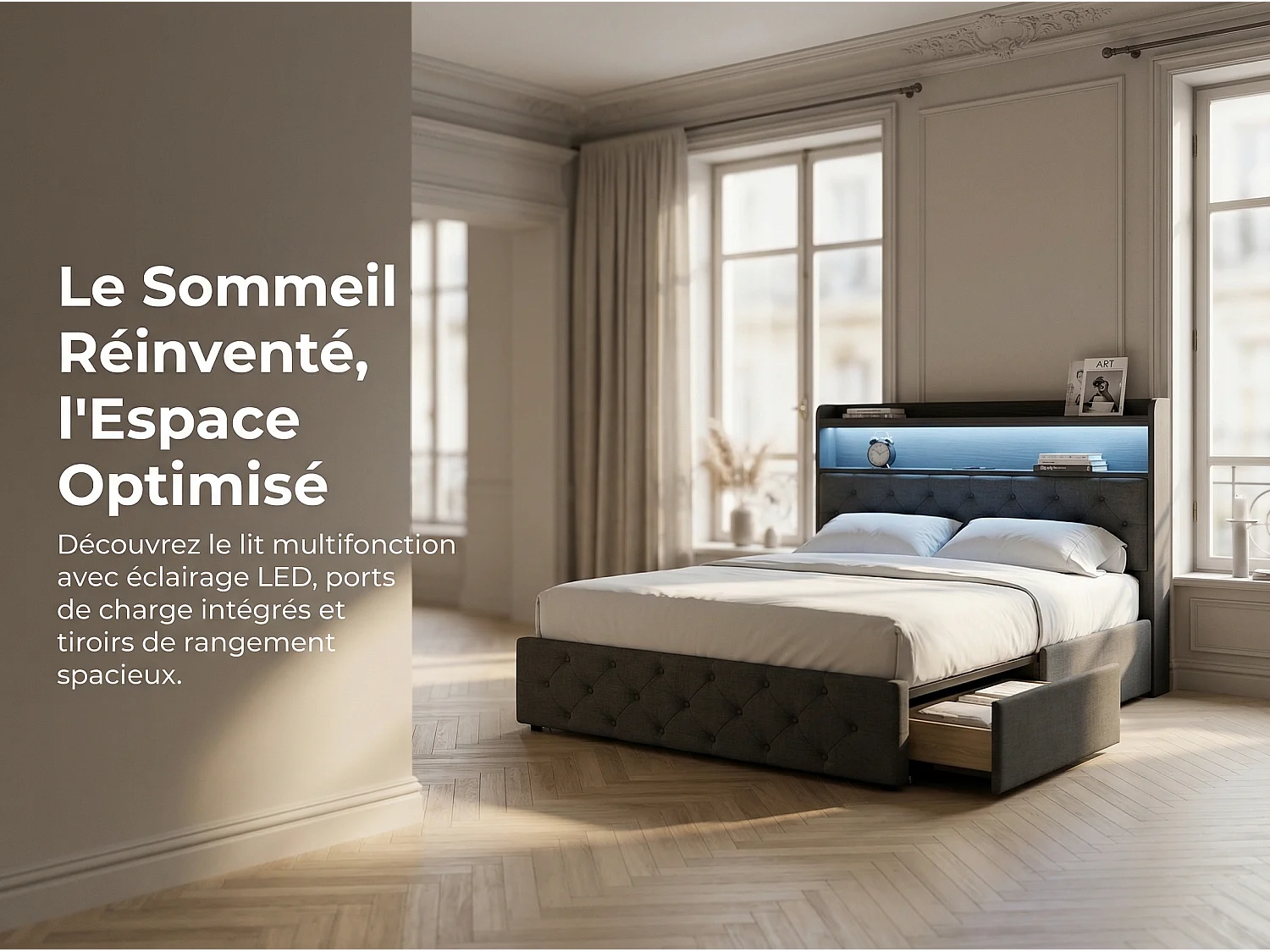 Lit 140x190 cm avec LED et USB, Lit avec 4 Tiroirs, Tête de Lit avec Rangement, Cadre Métal et Bois，Gris