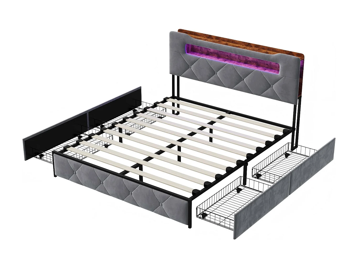 Lit 140x190 cm avec LED et USB, Lit avec 4 Tiroirs, Tête de Lit avec Rangement, Cadre Métal et Bois，Gris