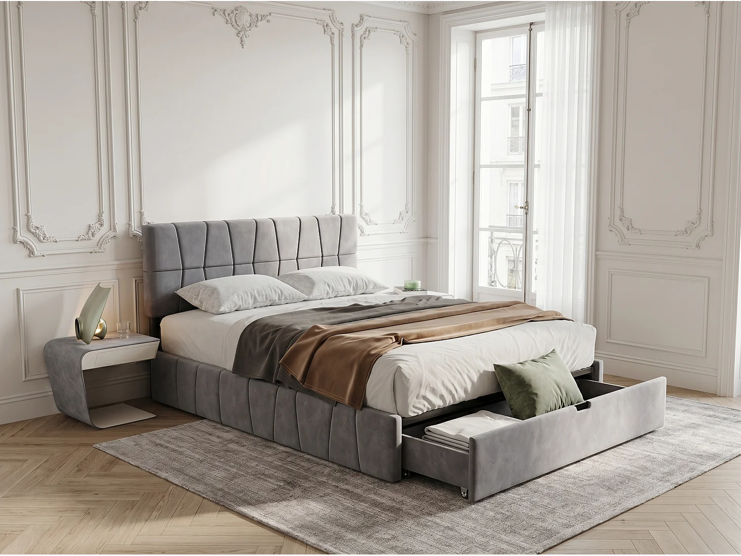 Lit 160x200 cm en velours avec rangement, 4 compartiments mobiles, tête de lit rembourrée, lit moderne avec sommier à lattes