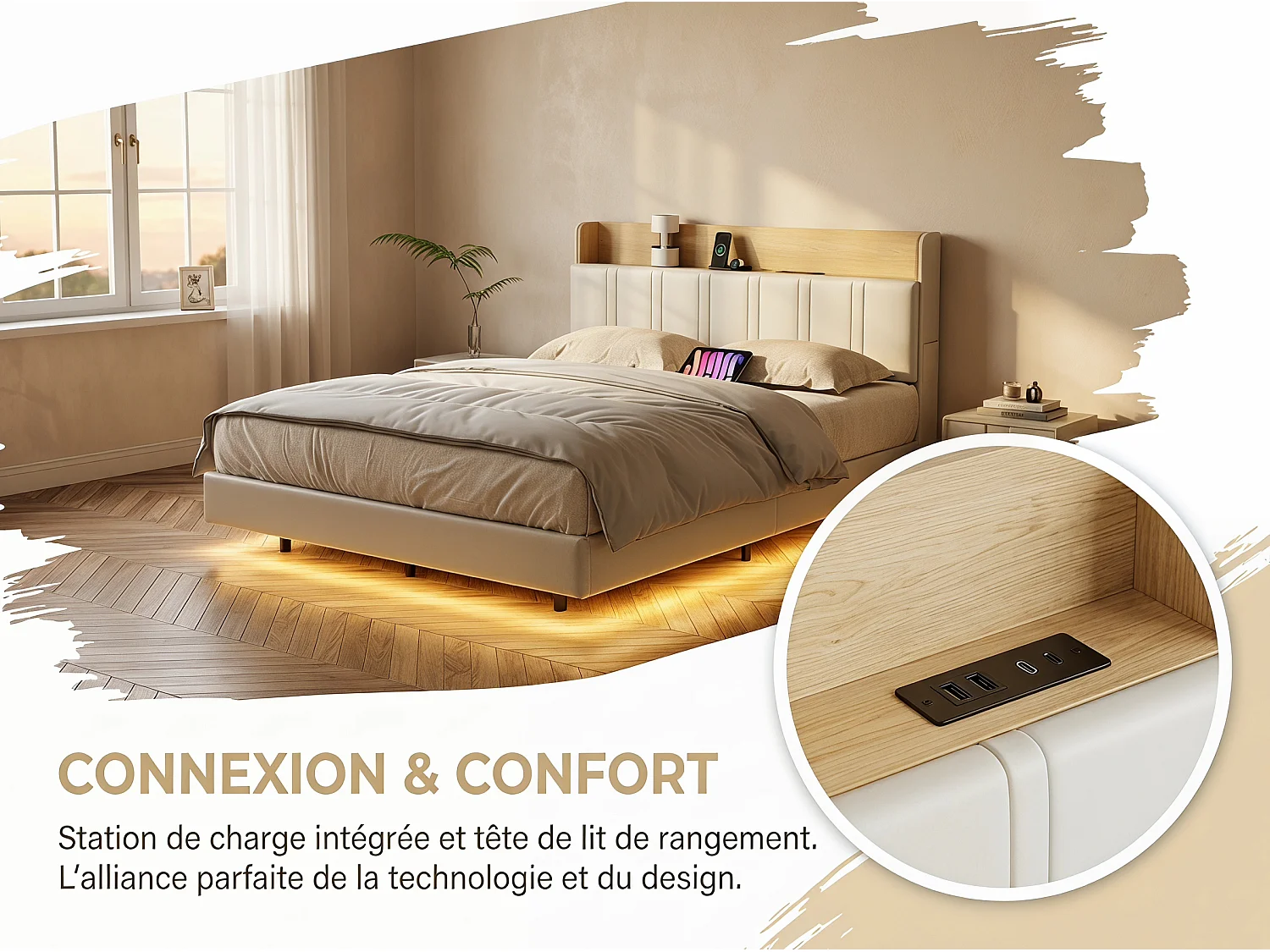 Lit rembourré 140x200 cm effet flottant avec LED – Cuir PU, tête de lit avec rangement et sommier à lattes