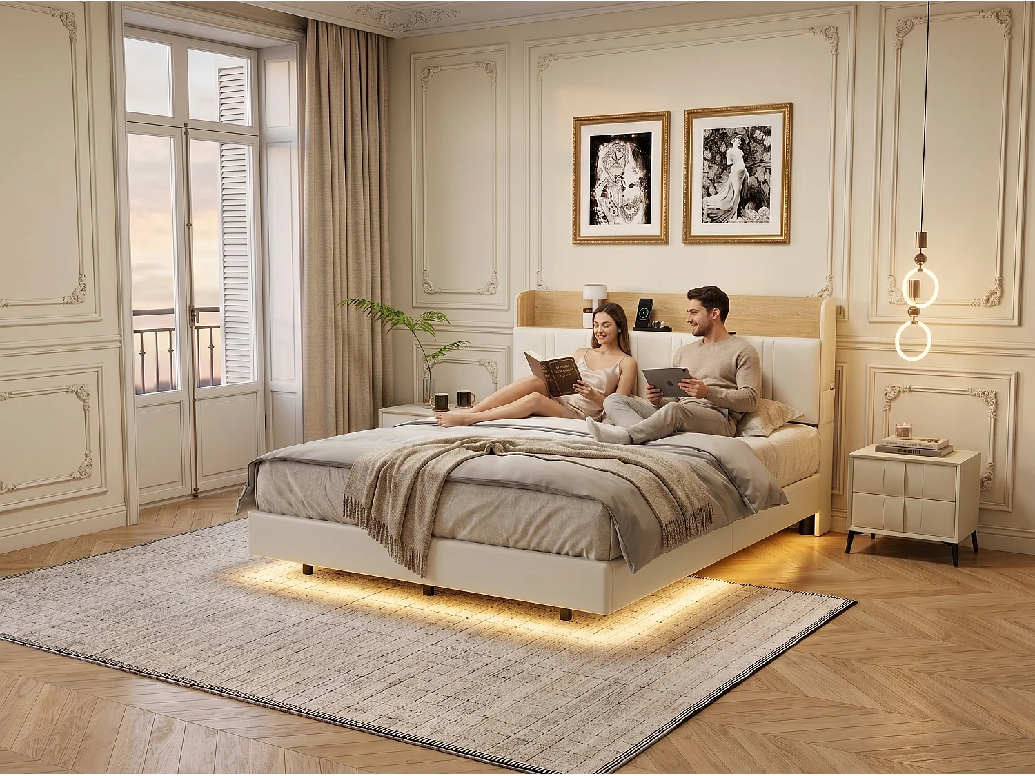 Lit rembourré 140x200 cm effet flottant avec LED – Cuir PU, tête de lit avec rangement et sommier à lattes