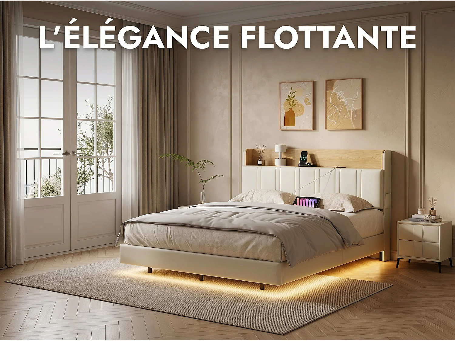 Lit rembourré 140x200 cm effet flottant avec LED – Cuir PU, tête de lit avec rangement et sommier à lattes