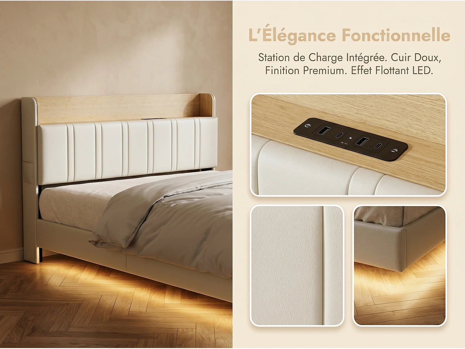 Lit rembourré 140x200 cm effet flottant avec LED – Cuir PU, tête de lit avec rangement et sommier à lattes