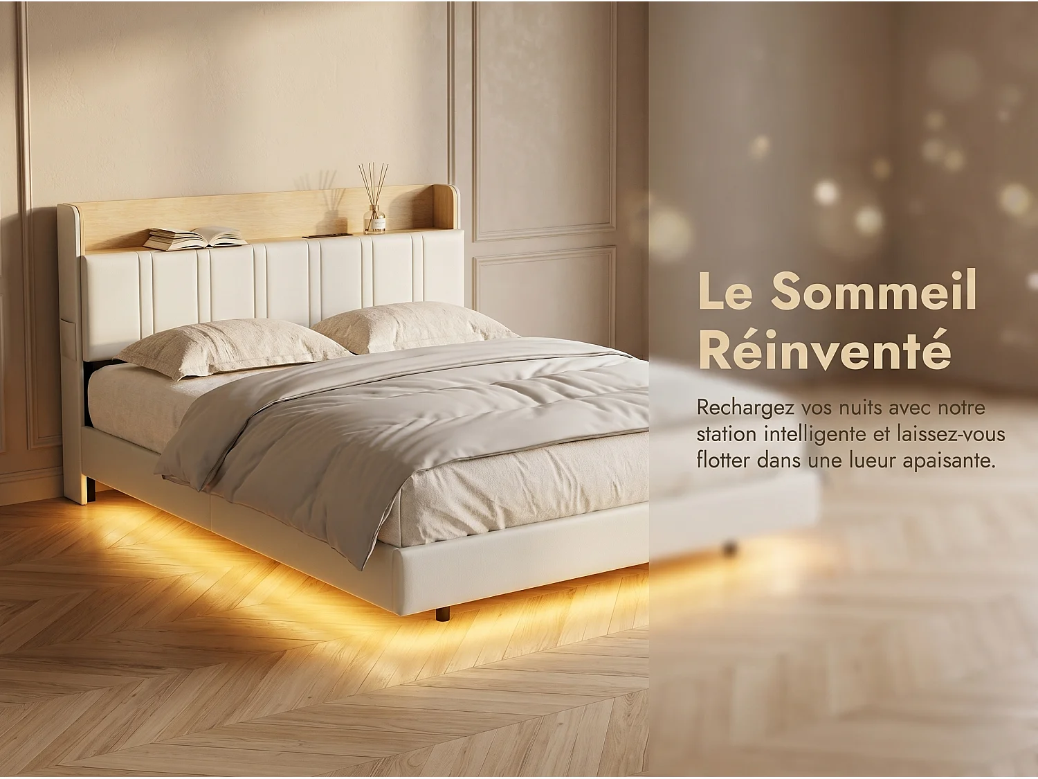 Lit rembourré 140x200 cm effet flottant avec LED – Cuir PU, tête de lit avec rangement et sommier à lattes