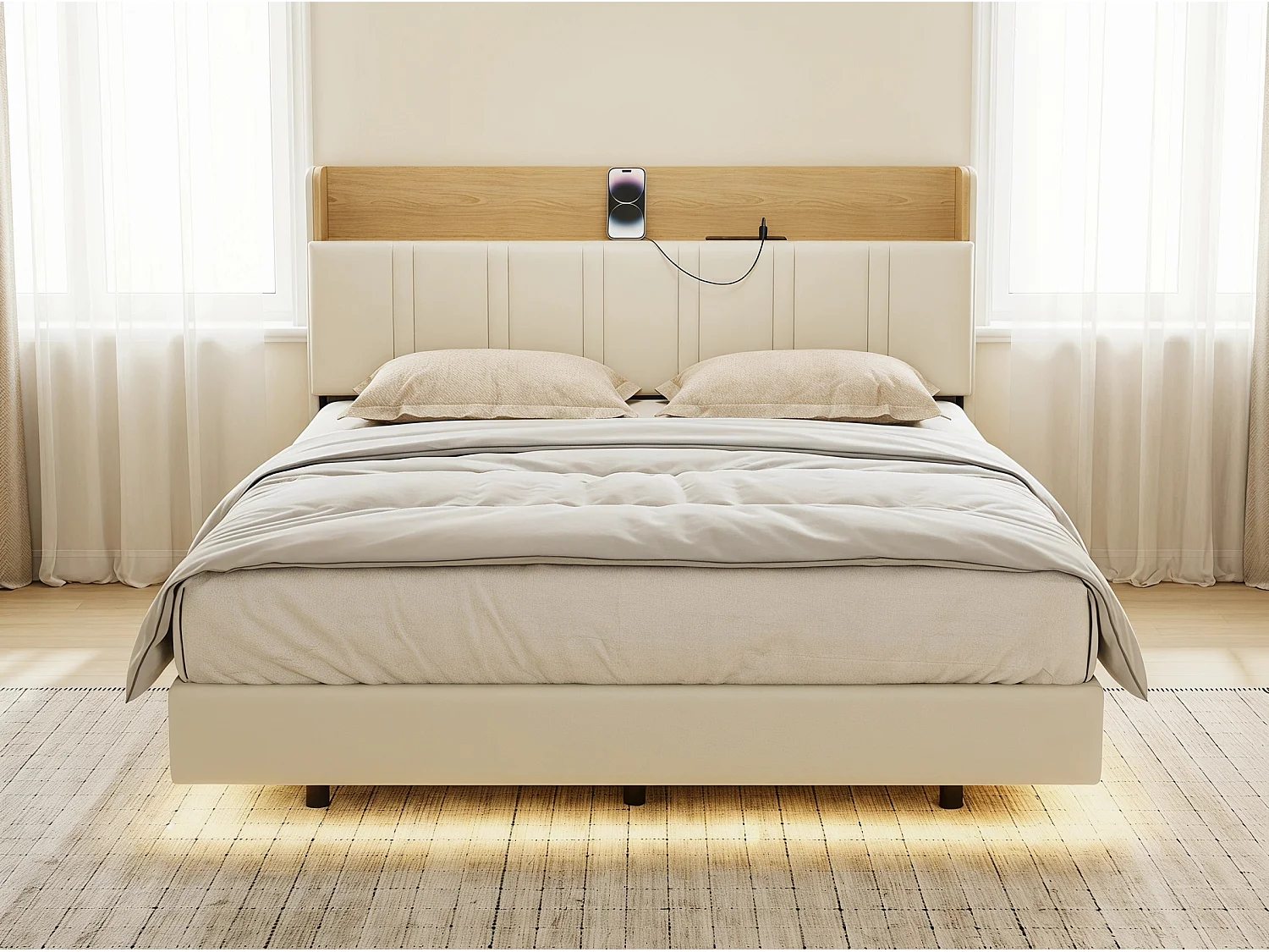 Lit rembourré 140x200 cm effet flottant avec LED – Cuir PU, tête de lit avec rangement et sommier à lattes