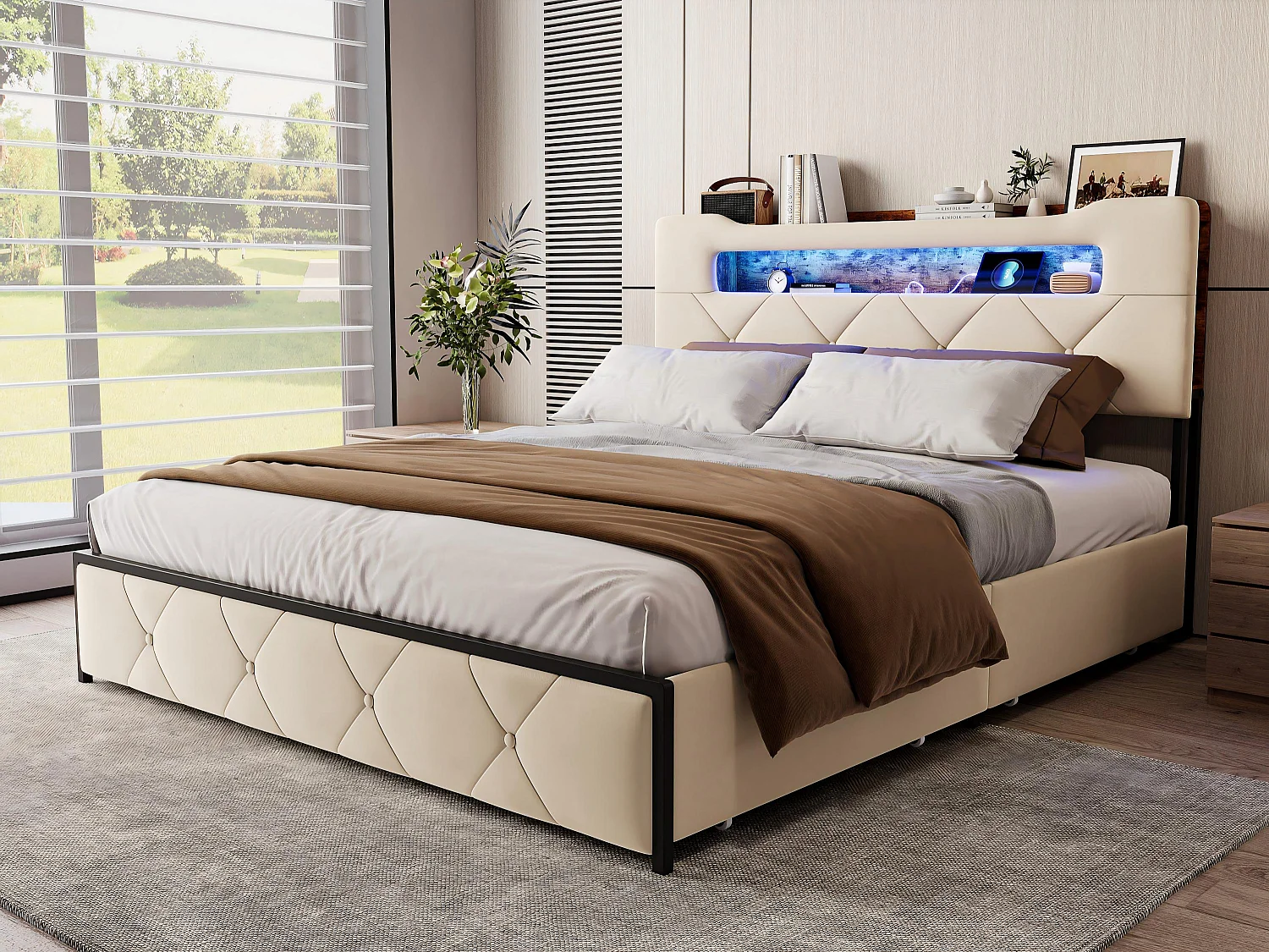 Lit 140x190 cm avec LED et USB, Lit avec 4 Tiroirs, Tête de Lit avec Rangement, Cadre Métal et Bois，Beige