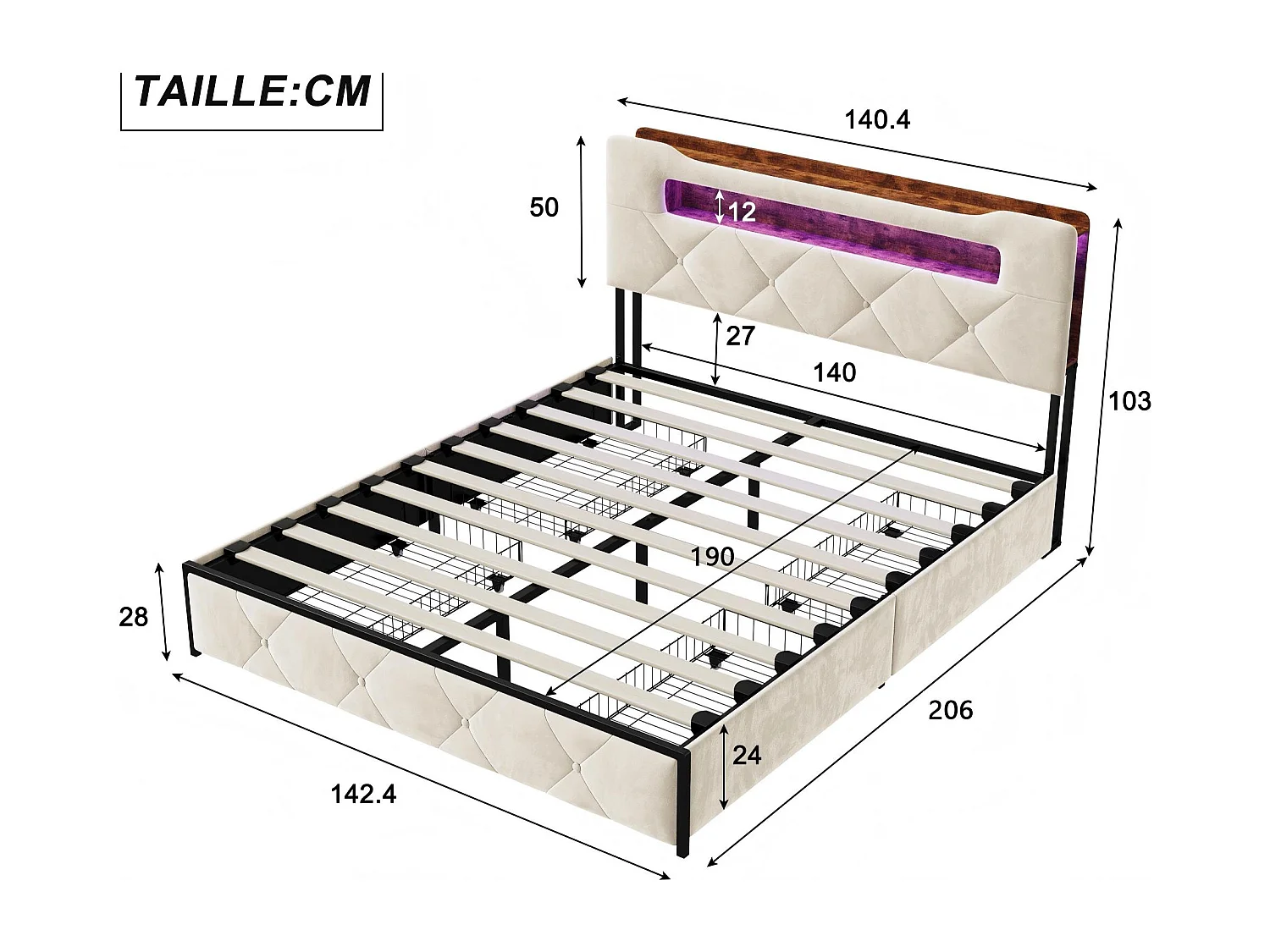 Lit 140x190 cm avec LED et USB, Lit avec 4 Tiroirs, Tête de Lit avec Rangement, Cadre Métal et Bois，Beige