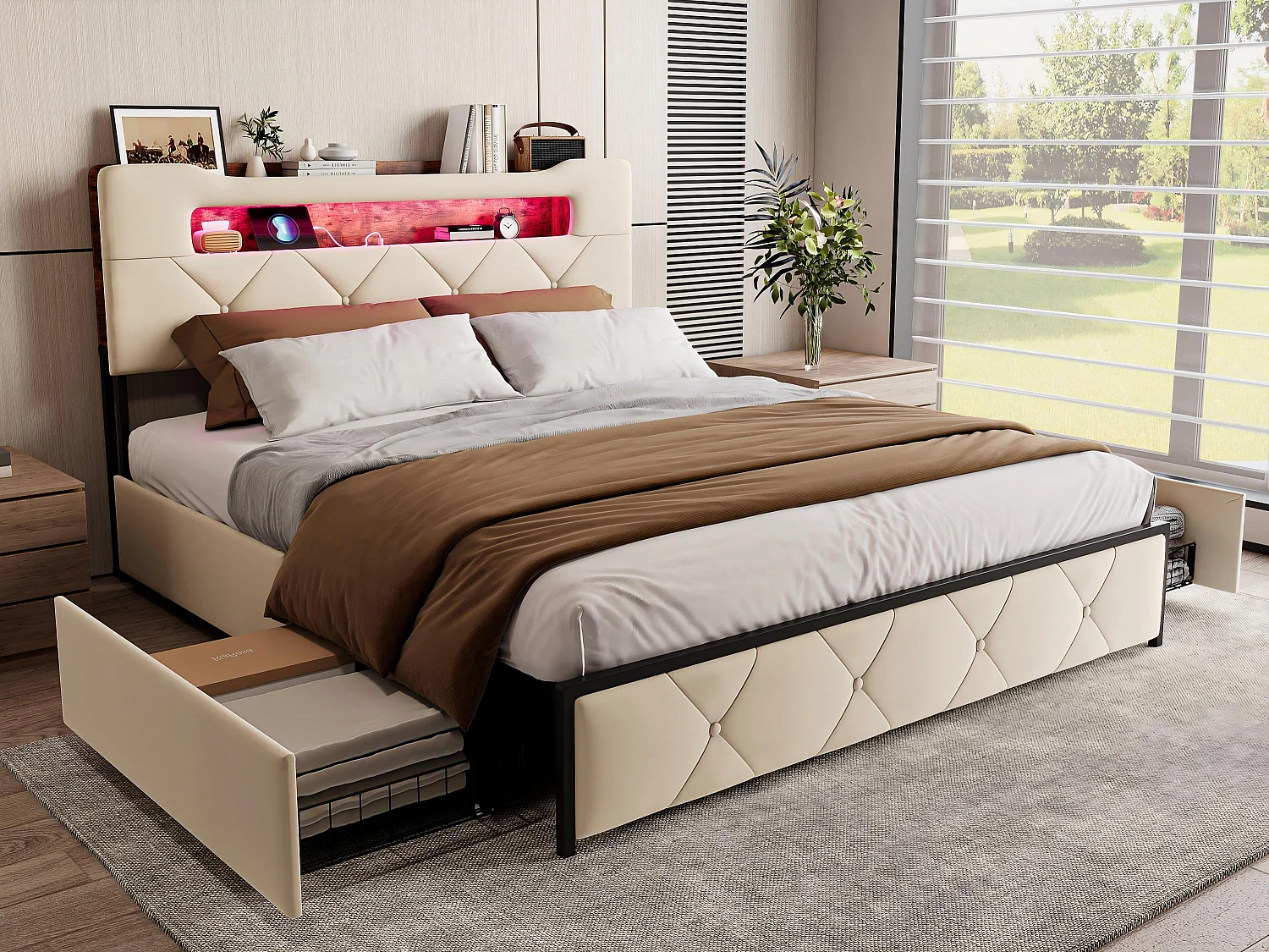 Lit 140x190 cm avec LED et USB, Lit avec 4 Tiroirs, Tête de Lit avec Rangement, Cadre Métal et Bois，Beige