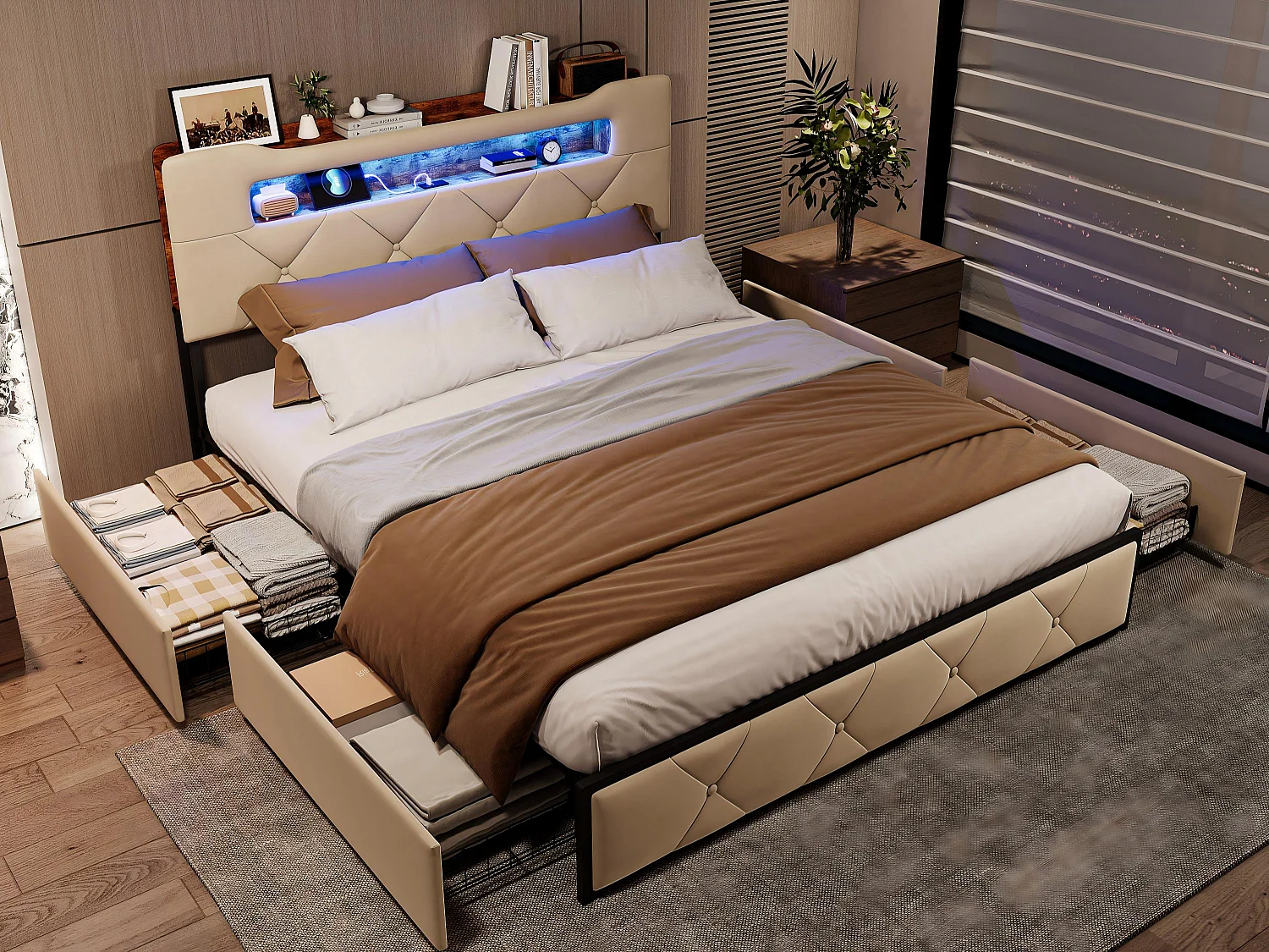 Lit 140x190 cm avec LED et USB, Lit avec 4 Tiroirs, Tête de Lit avec Rangement, Cadre Métal et Bois，Beige