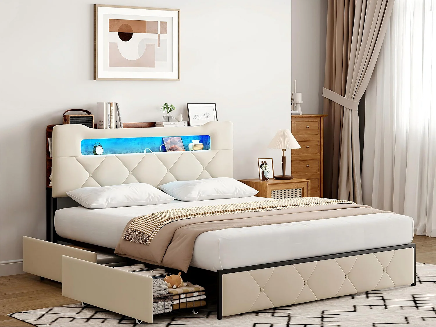 Lit 140x190 cm avec LED et USB, Lit avec 4 Tiroirs, Tête de Lit avec Rangement, Cadre Métal et Bois，Beige