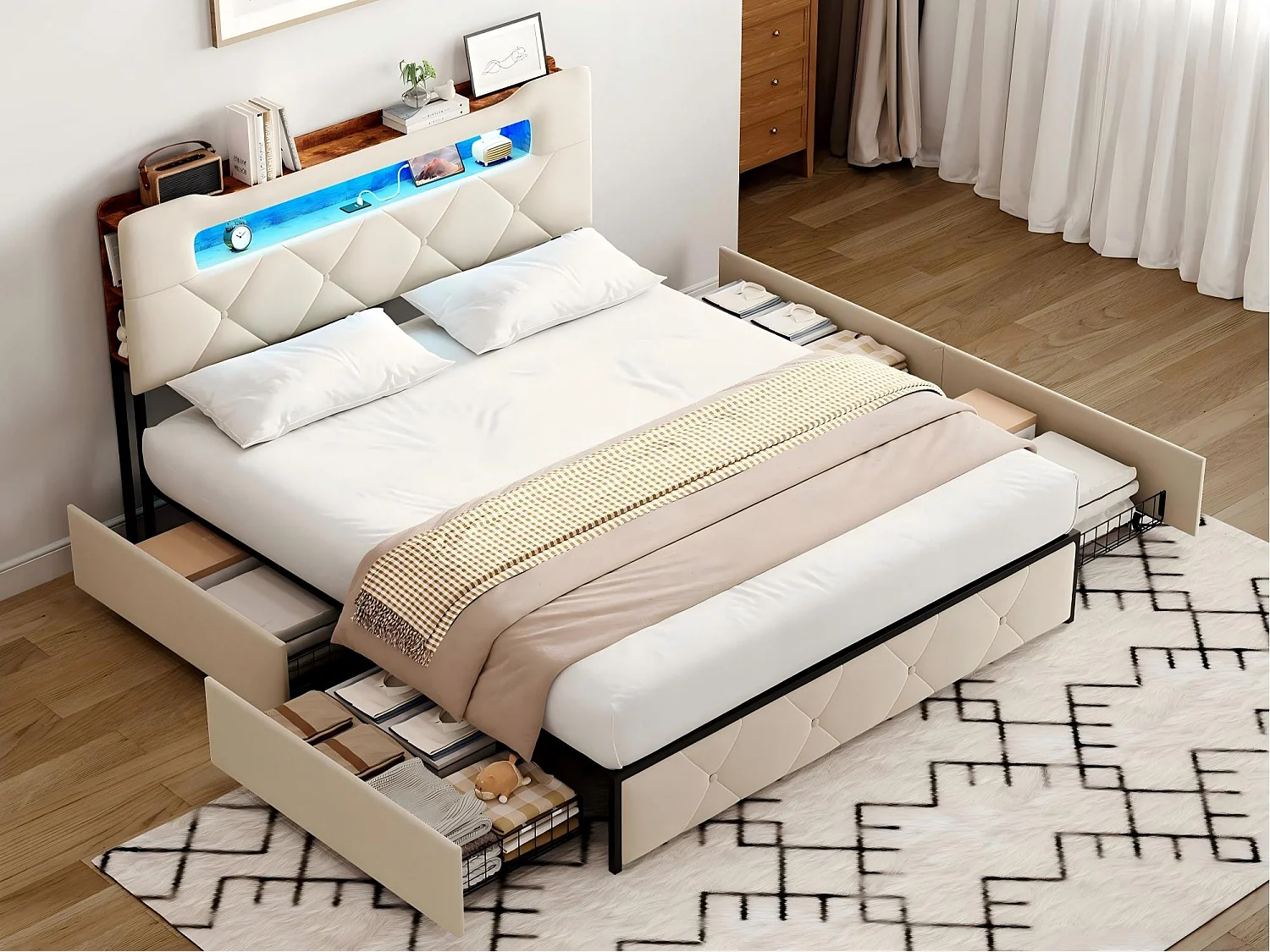 Lit 140x190 cm avec LED et USB, Lit avec 4 Tiroirs, Tête de Lit avec Rangement, Cadre Métal et Bois，Beige