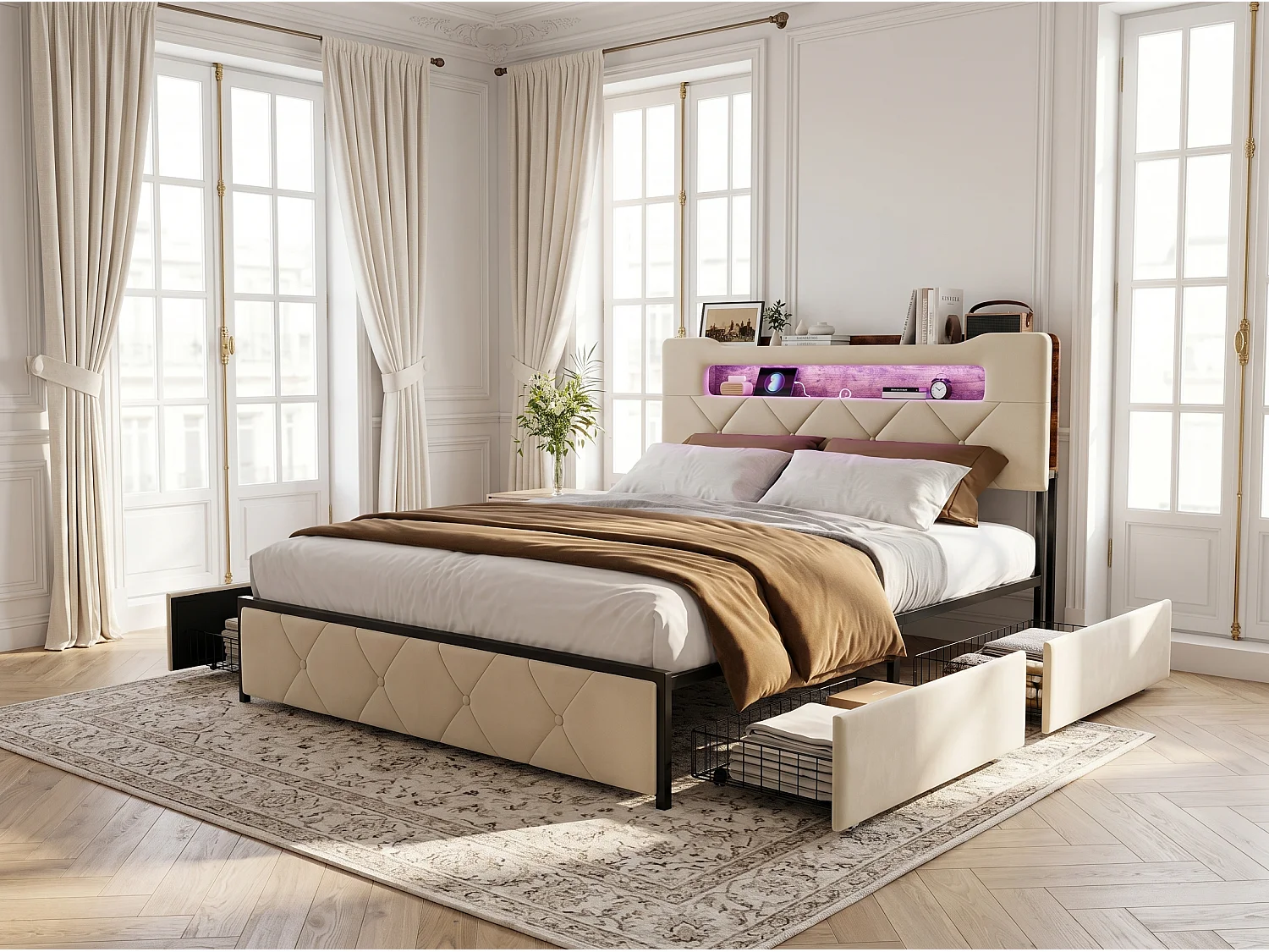 Lit avec 4 tiroirs - 140x190cm - avec LED, USB et tête de lit rangement - Beige