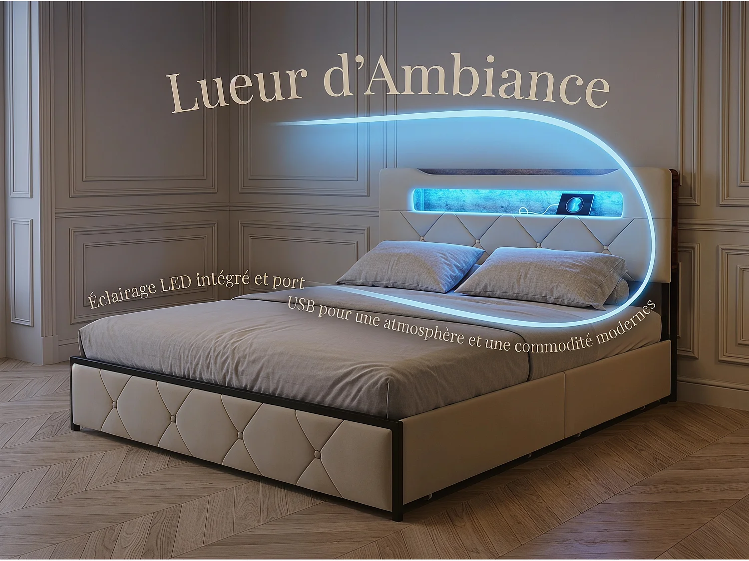 Lit avec 4 tiroirs - 140x190cm - avec LED, USB et tête de lit rangement - Beige