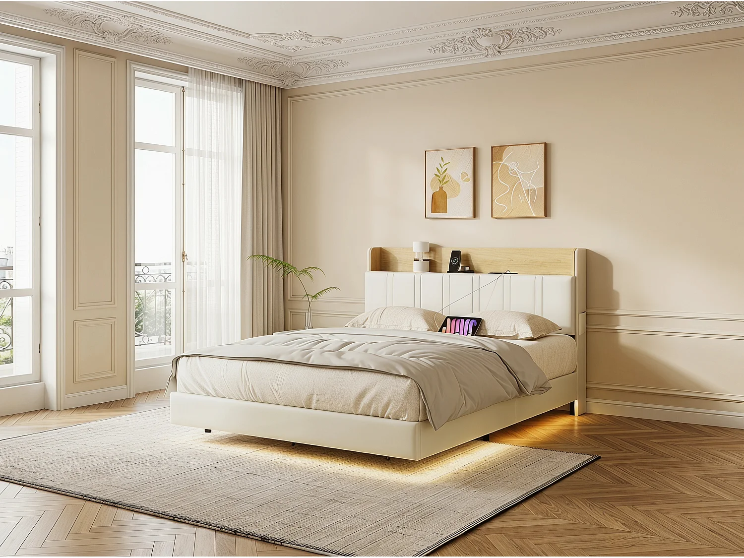 Lit rembourré 160x200 cm effet flottant avec LED – Cuir PU, tête de lit avec rangement et sommier à lattes