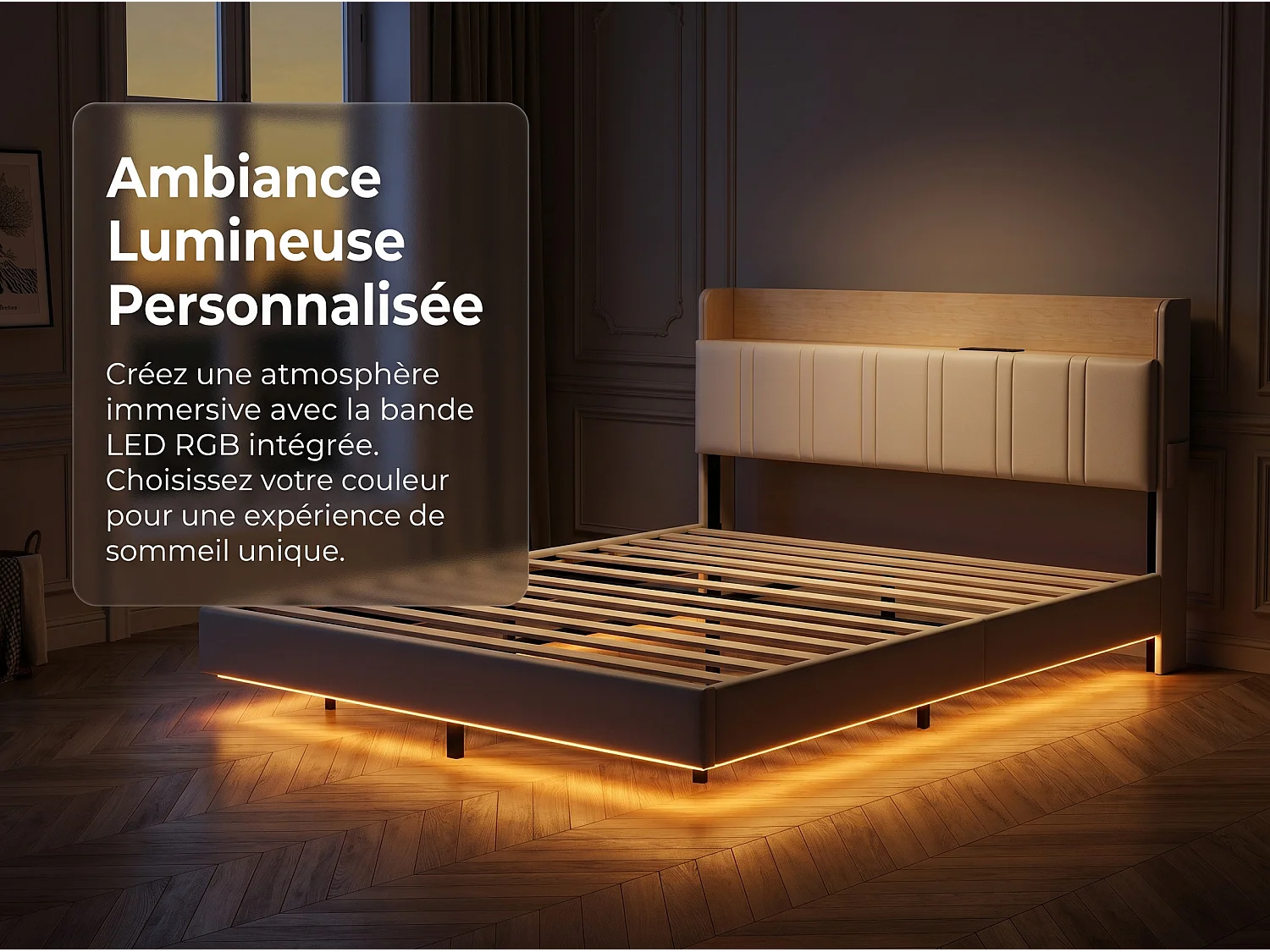 Lit rembourré 160x200 cm effet flottant avec LED – Cuir PU, tête de lit avec rangement et sommier à lattes