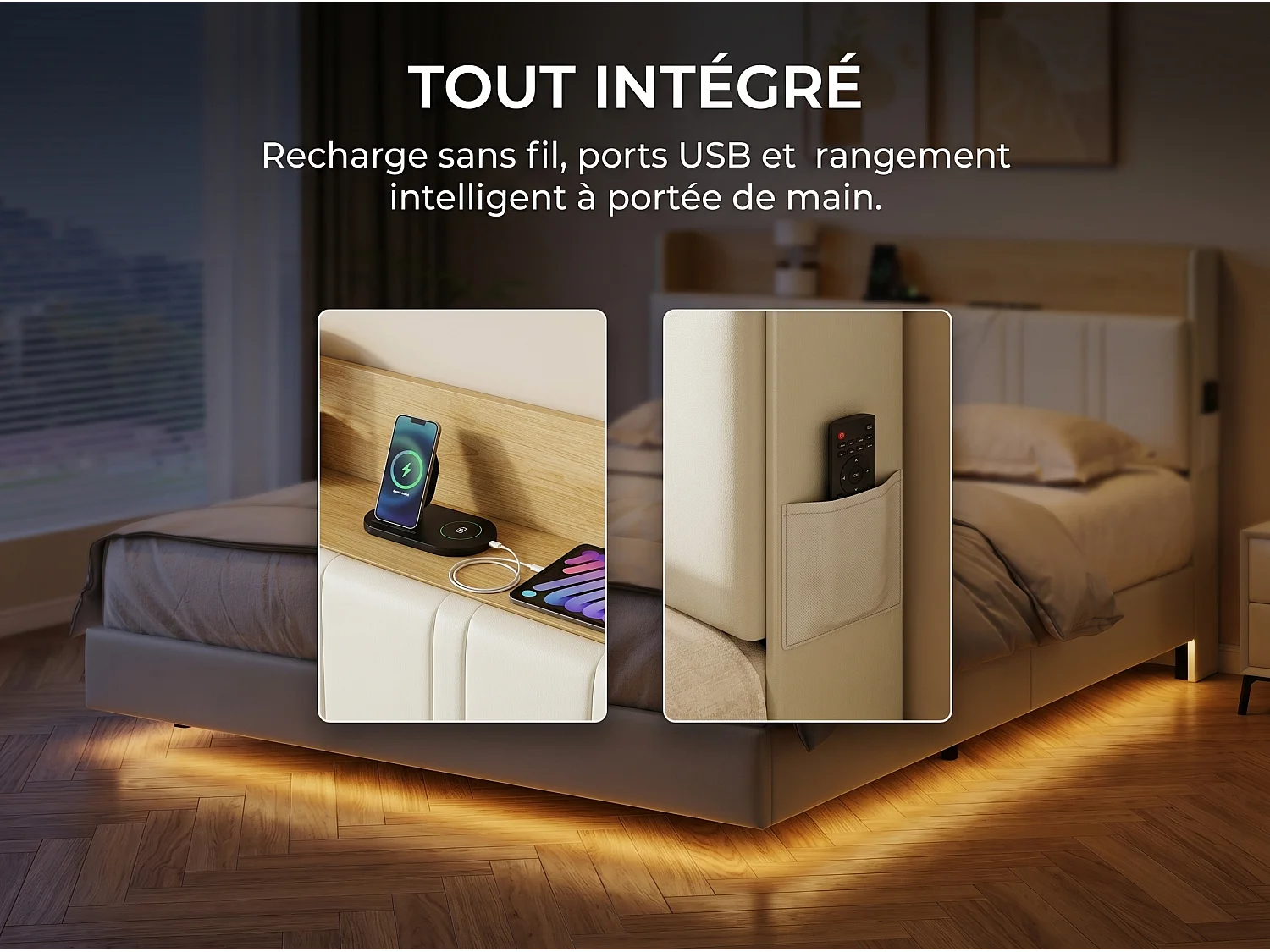 Lit rembourré 160x200 cm effet flottant avec LED – Cuir PU, tête de lit avec rangement et sommier à lattes
