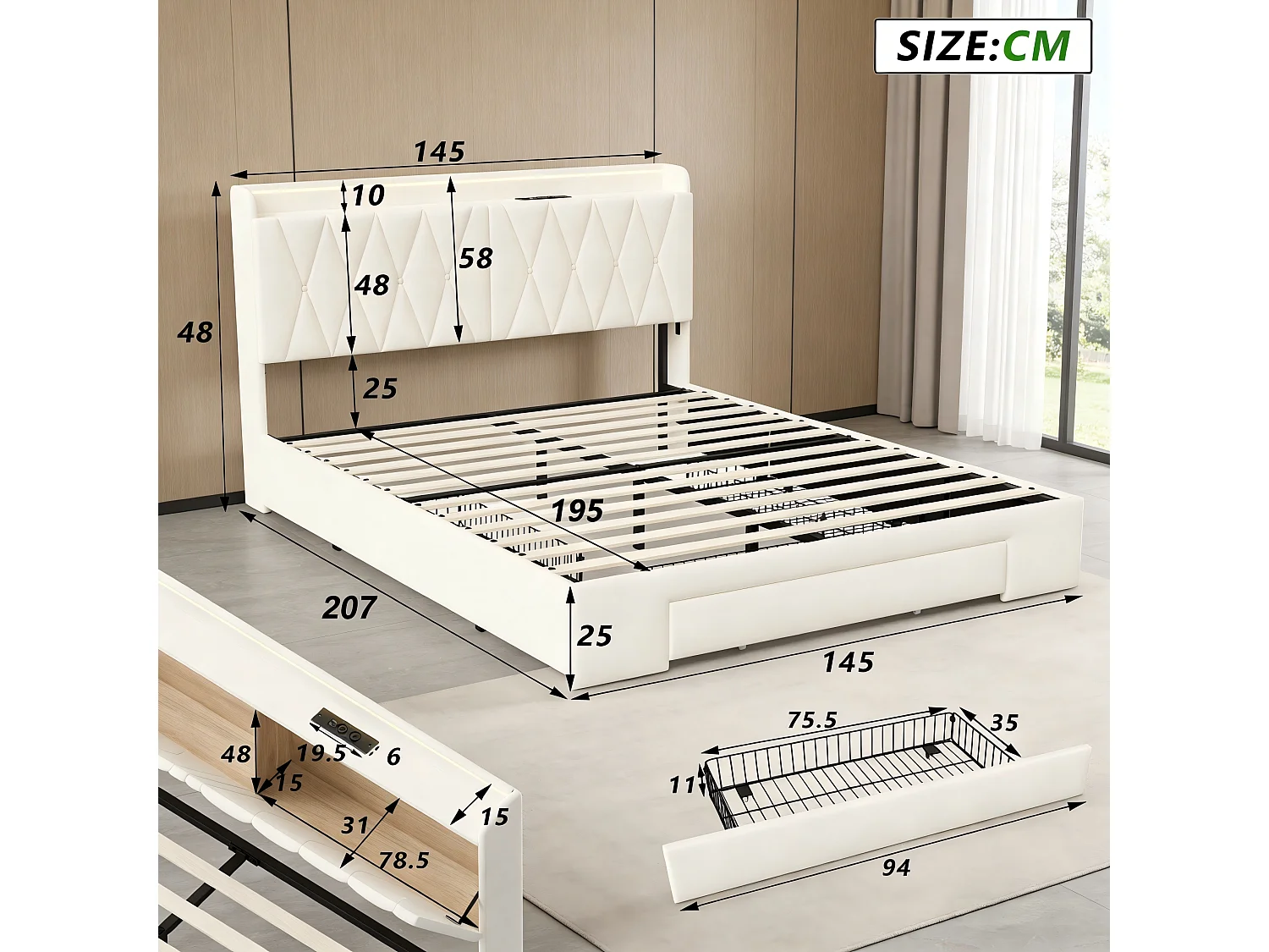 Lit coffre 140 x 190 cm avec tête de lit - Prises USB et LEDs - Cuir PU - Sommier à lattes - r(sans matelas)