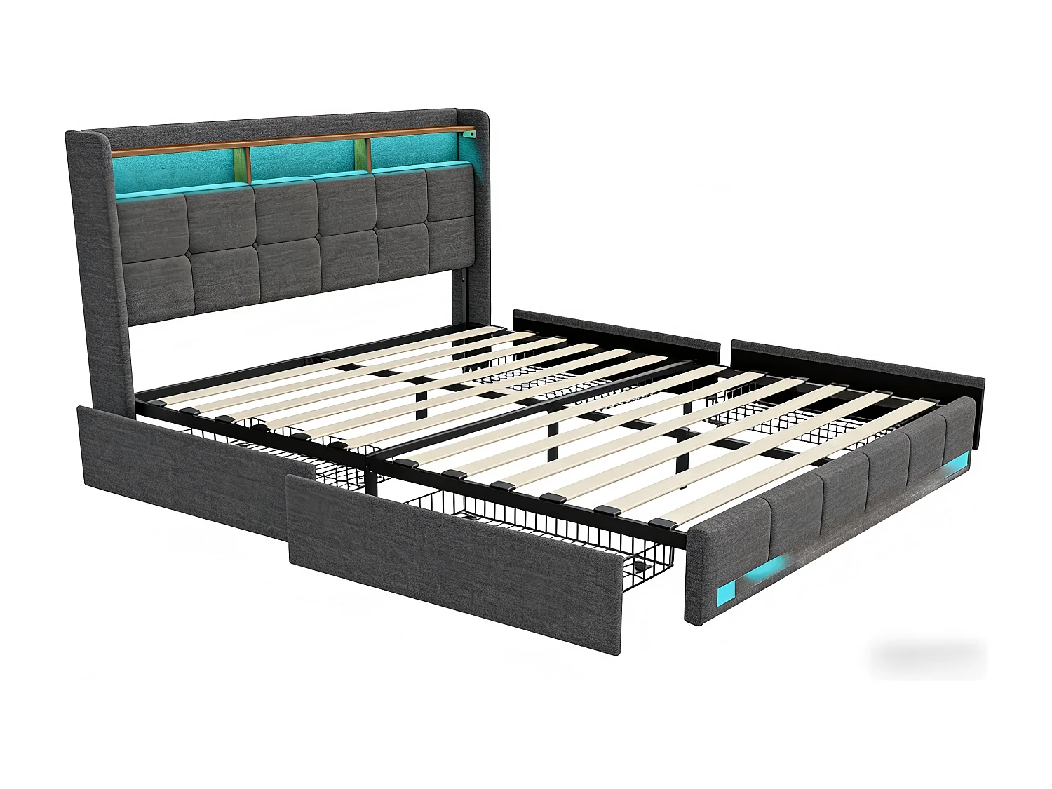 Lit coffre 140 x 190 cm avec tête de lit - Prises USB et LEDs - Cuir PU - Sommier à lattes - r(sans matelas)