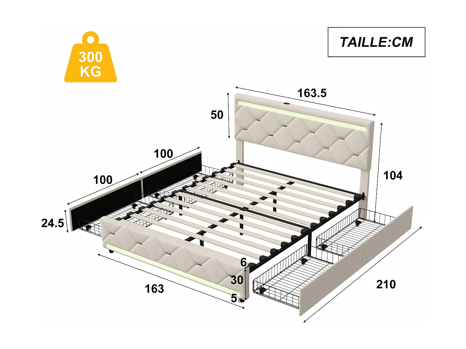 Lit double rembourré 160x200 cm - avec 4 tiroirs et éclairage LED - velours gris - port USB - sommier à lattes inclus