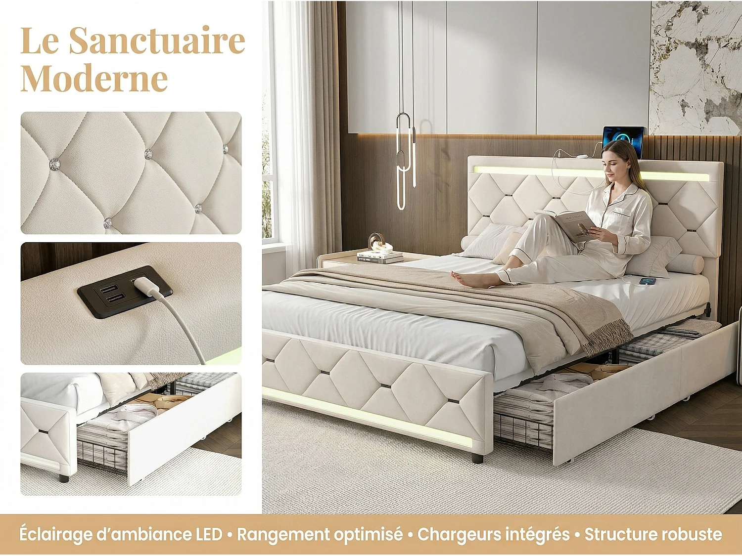 Lit double rembourré 160x200 cm - avec 4 tiroirs et éclairage LED - velours gris - port USB - sommier à lattes inclus