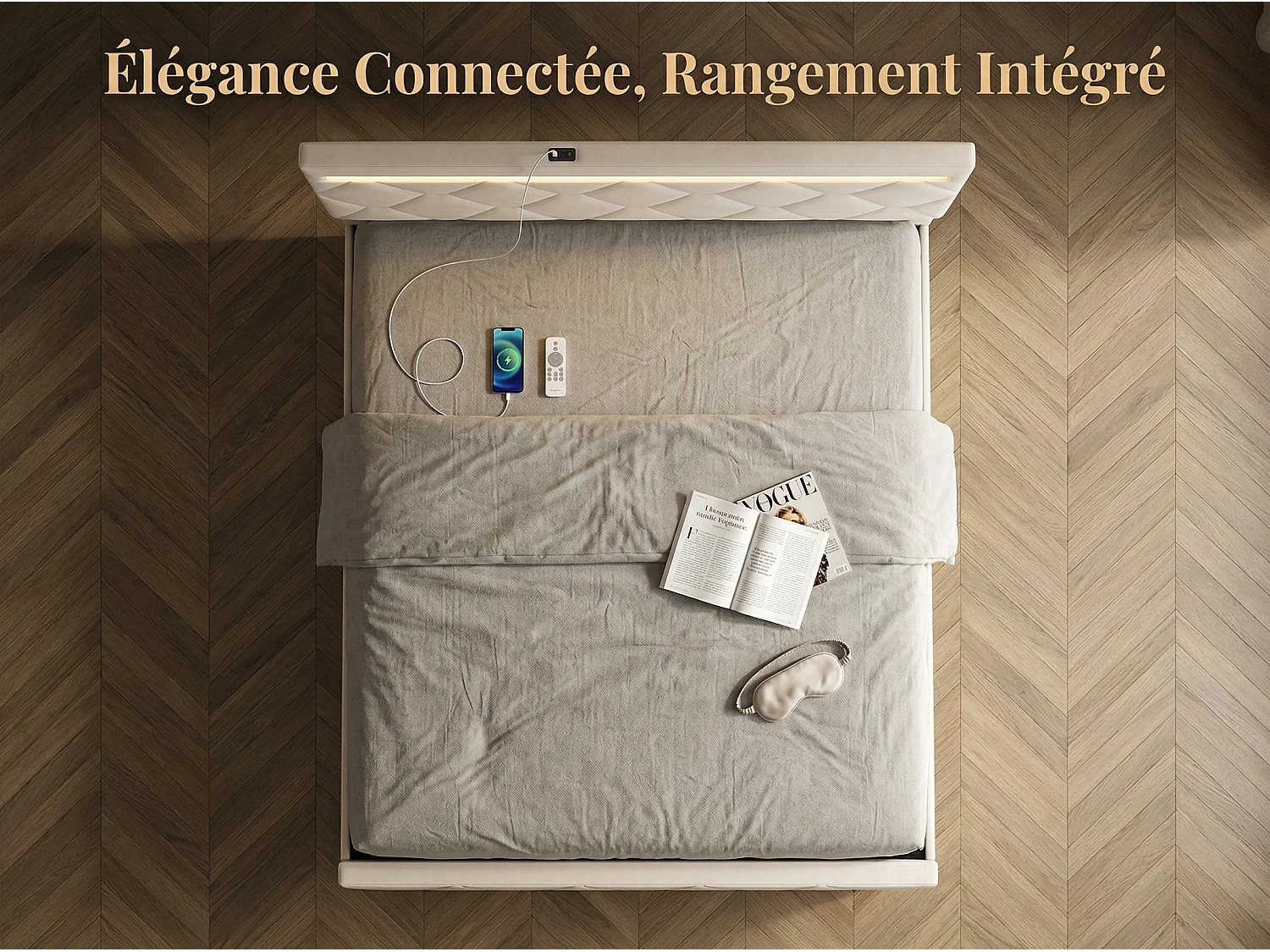 Lit double rembourré 160x200 cm - avec 4 tiroirs et éclairage LED - velours gris - port USB - sommier à lattes inclus