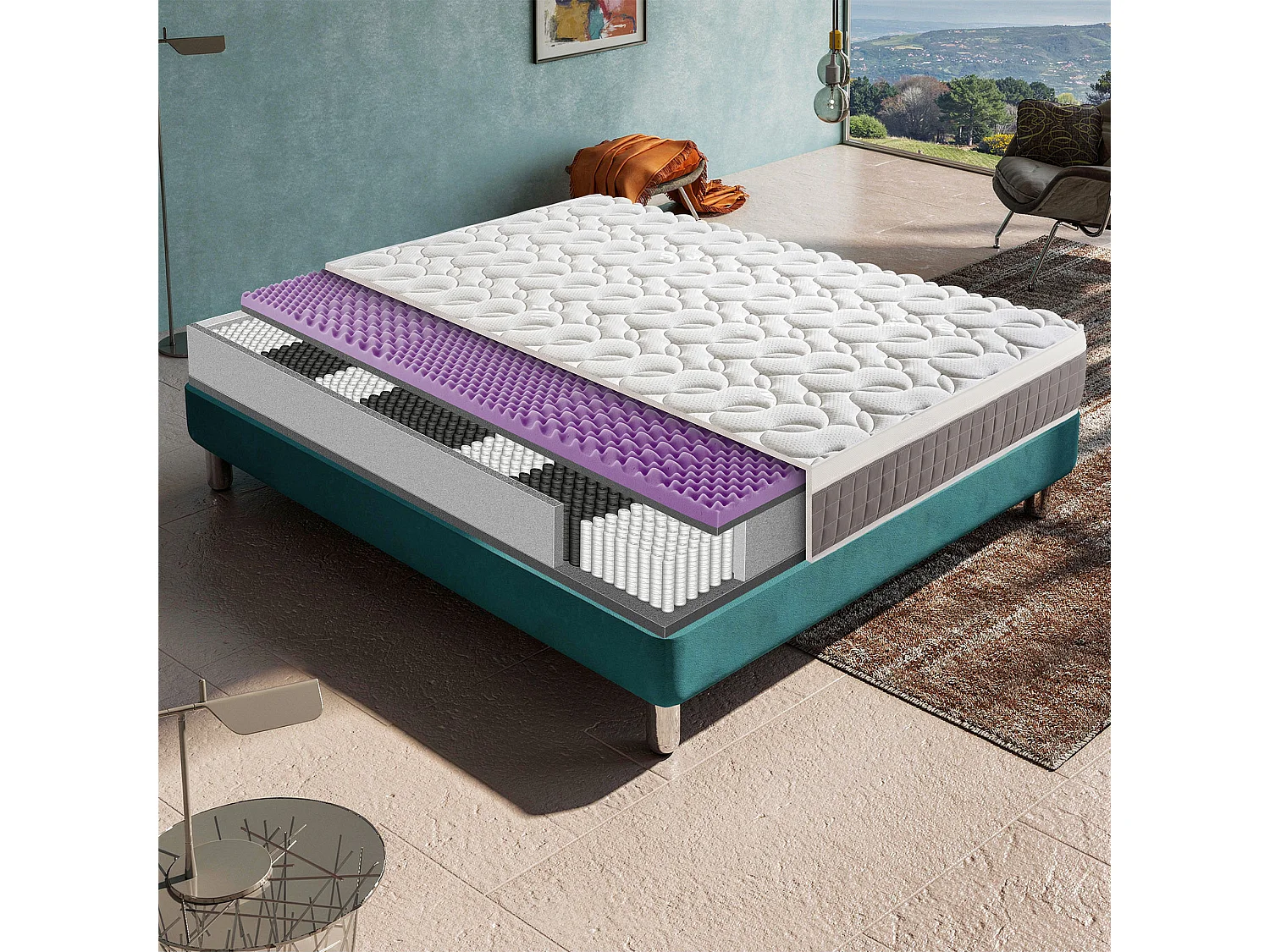 SKY - Matelas à ressorts ensachés, mémoire de forme 150x190 cm H 26 cm, housse amovible