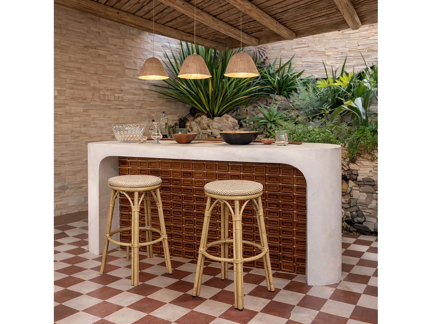 Now's Home - Tabouret Bar Exterieur Textilene Alu Aspect Rotin D46xht74cm Amalfi