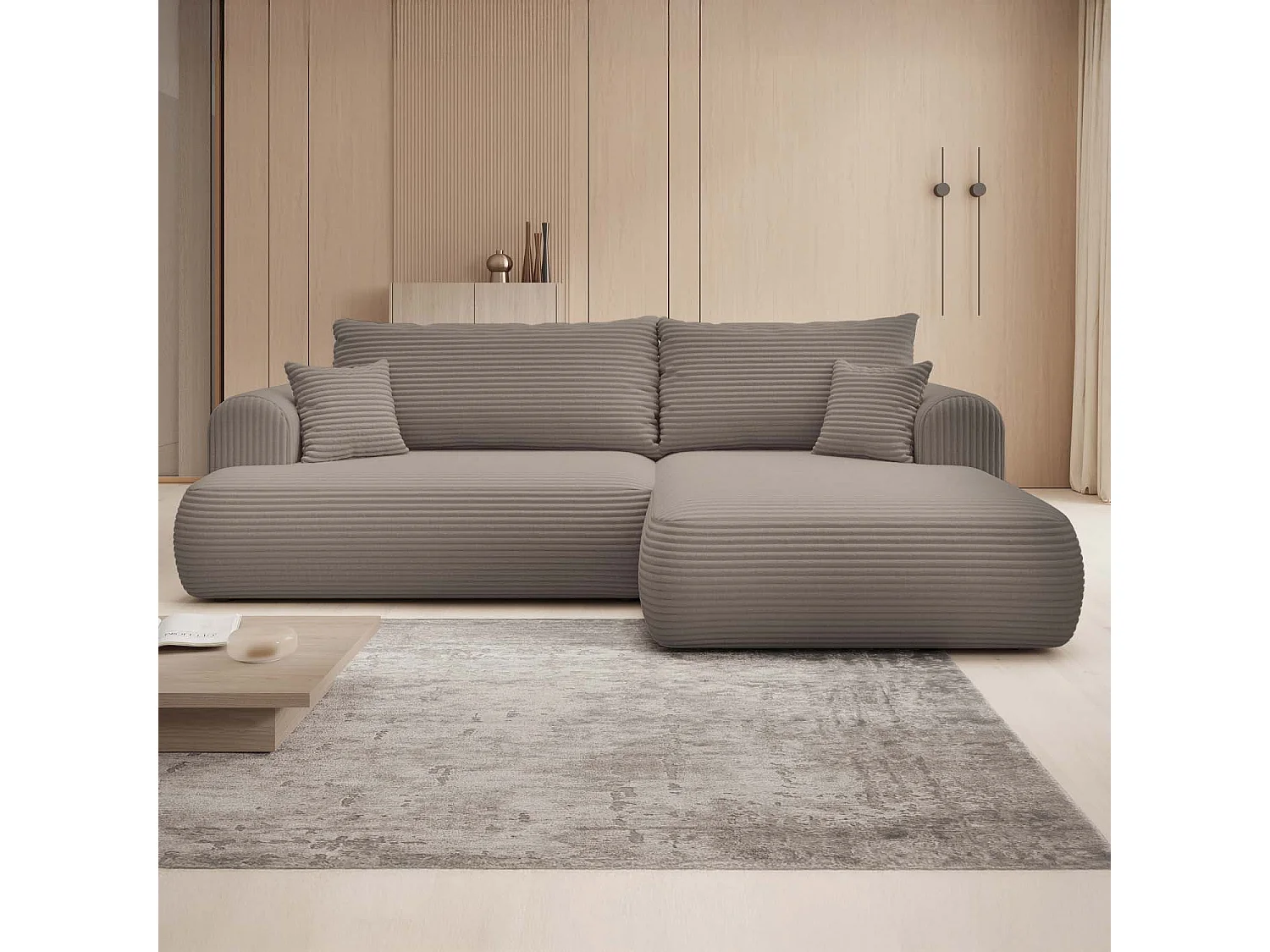 Canapé d'angle droit convertible Velaro velours côtelé Taupe