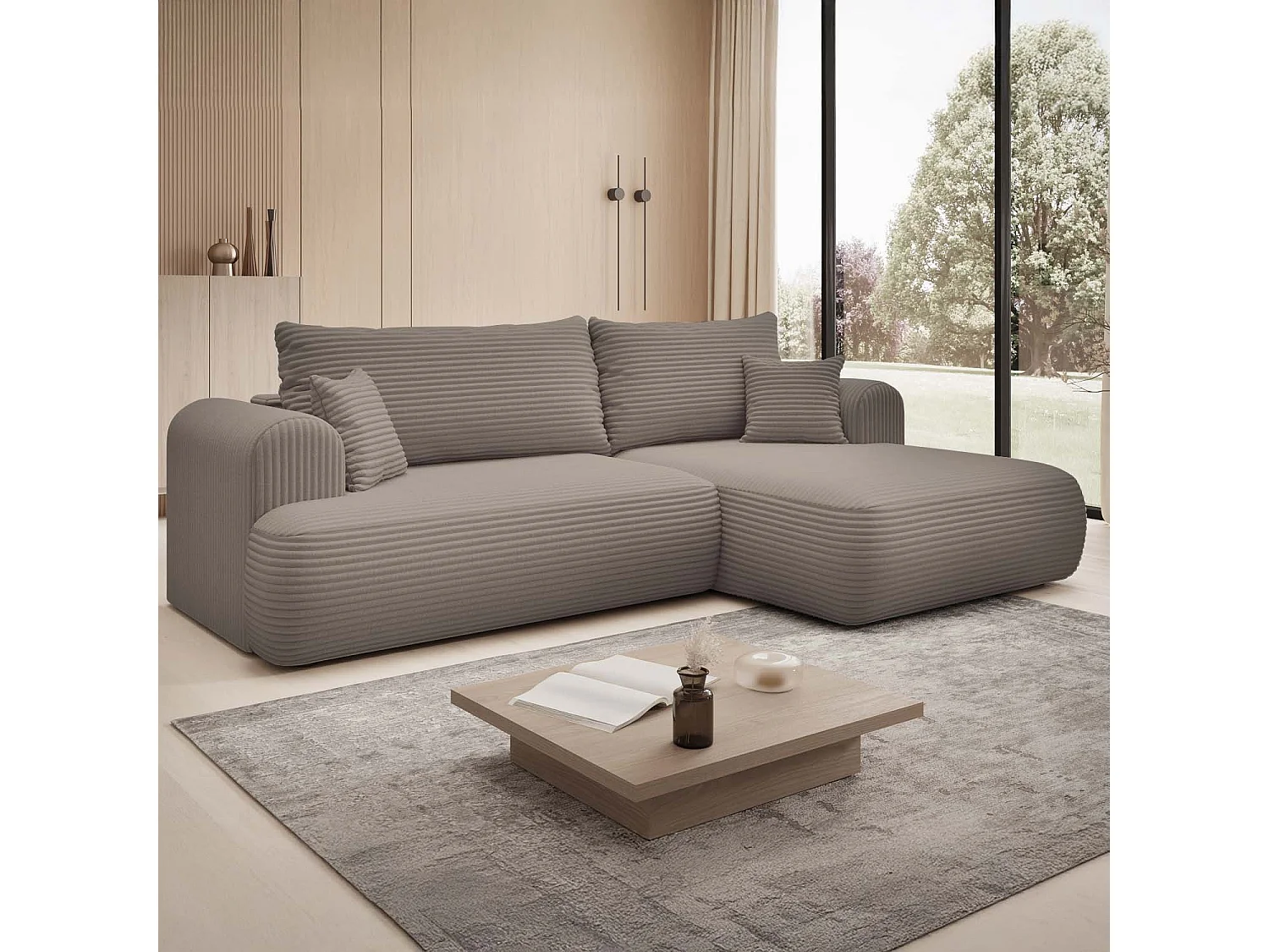 Canapé d'angle droit convertible Velaro velours côtelé Taupe