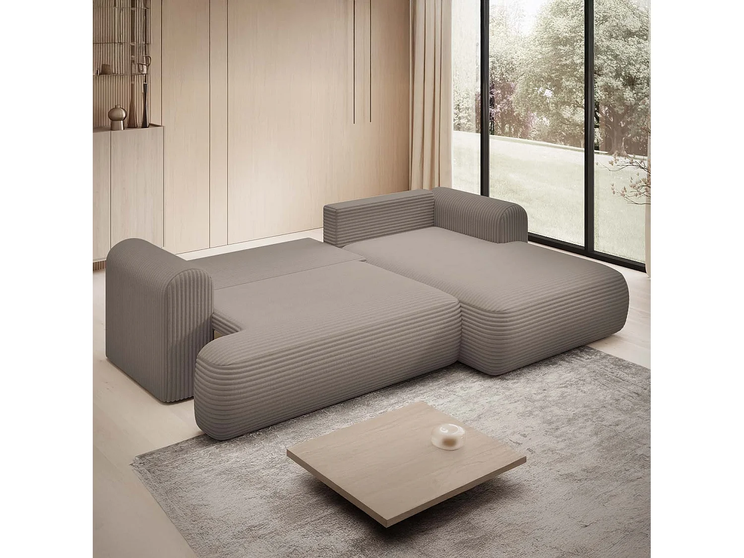 Canapé d'angle droit convertible Velaro velours côtelé Taupe