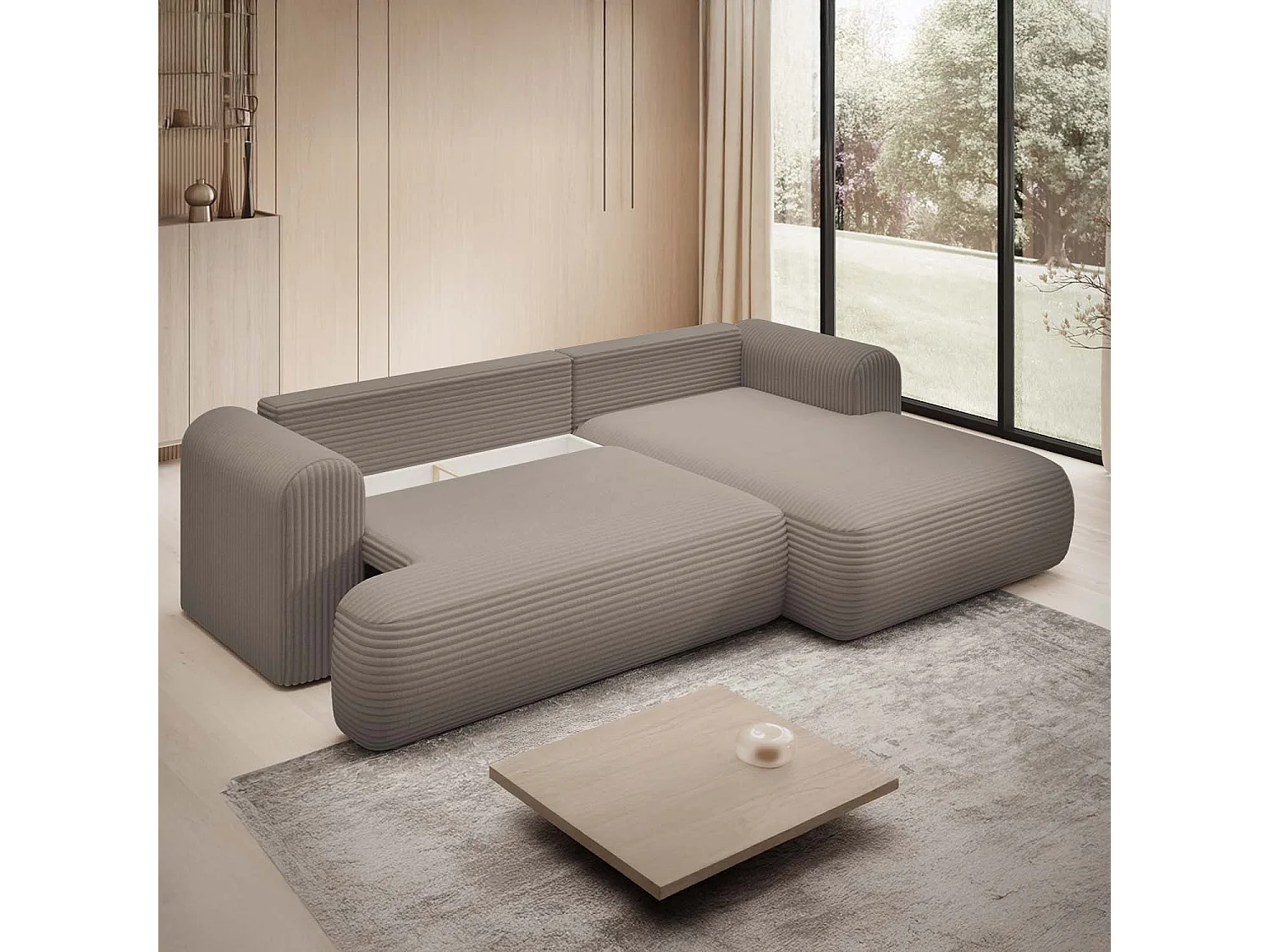 Canapé d'angle droit convertible Velaro velours côtelé Taupe