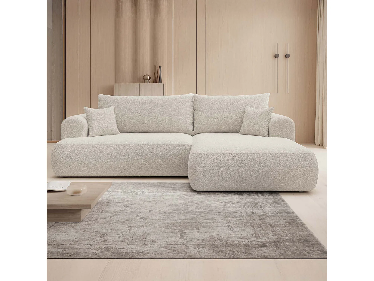 Canapé d'angle droit convertible Velaro Bouclette Beige