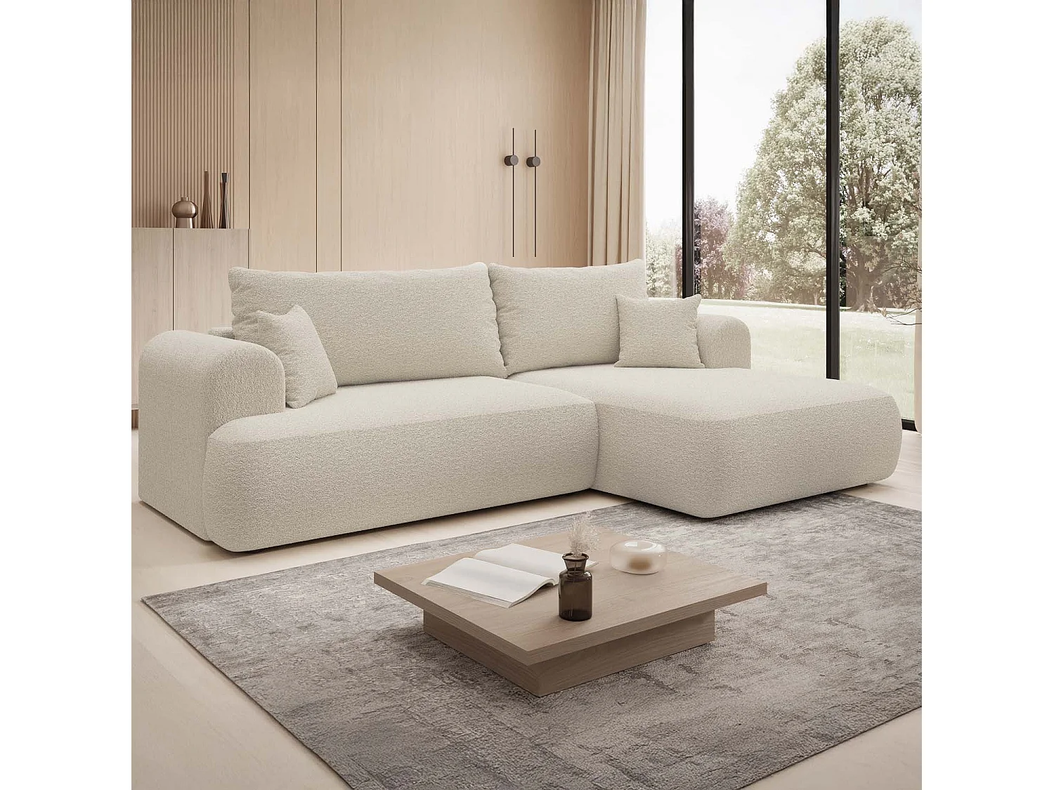 Canapé d'angle droit convertible Velaro Bouclette Beige