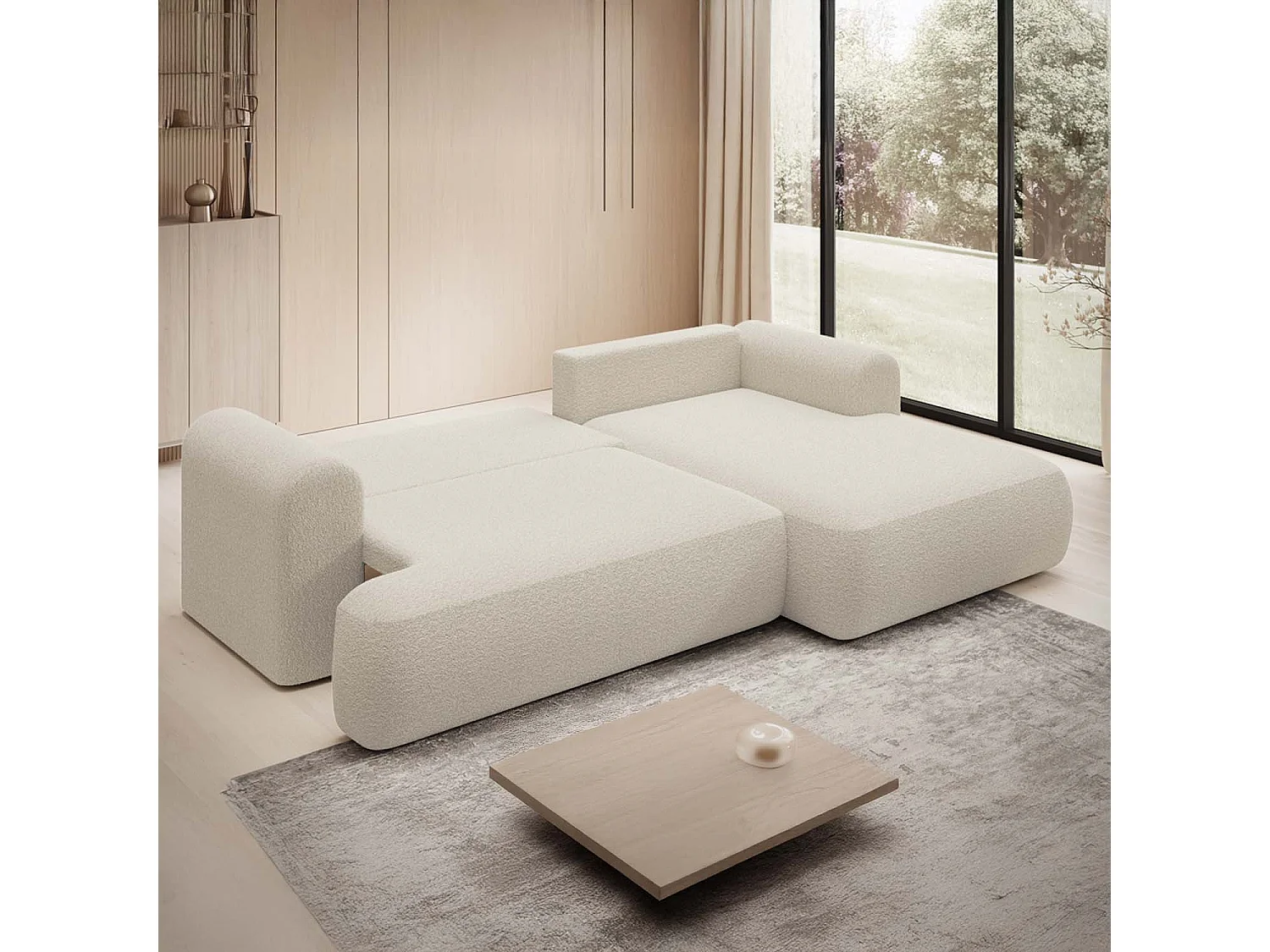 Canapé d'angle droit convertible Velaro Bouclette Beige