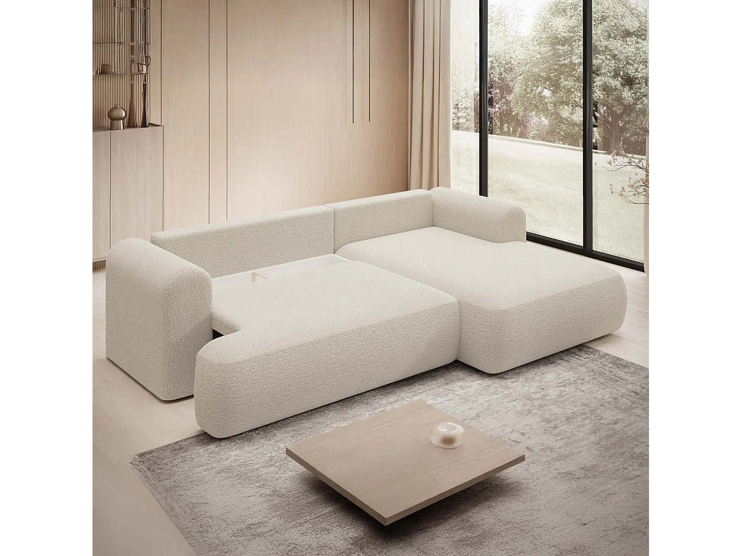 Canapé d'angle droit convertible Velaro Bouclette Beige