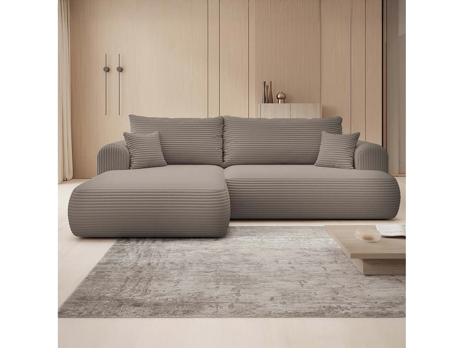 Canapé d'angle gauche convertible Velaro velours côtelé Taupe