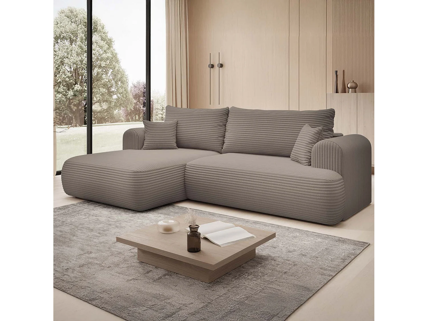 Canapé d'angle gauche convertible Velaro velours côtelé Taupe