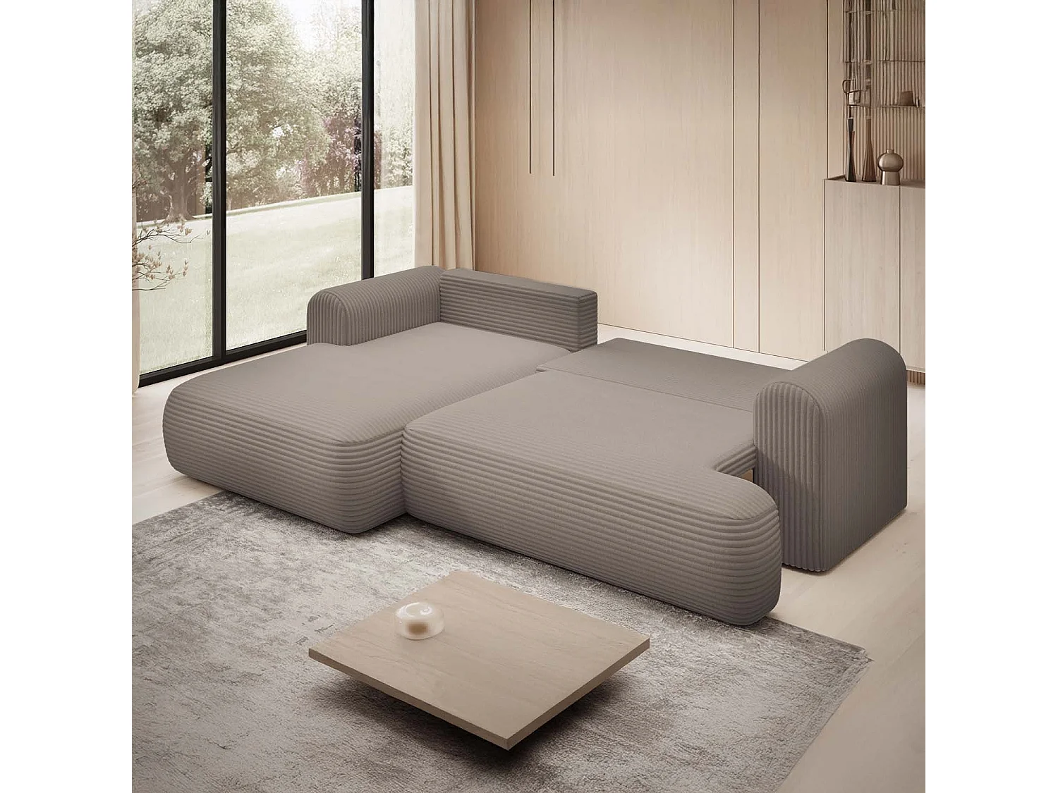 Canapé d'angle gauche convertible Velaro velours côtelé Taupe