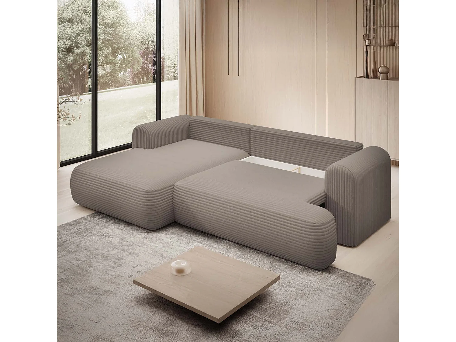 Canapé d'angle gauche convertible Velaro velours côtelé Taupe