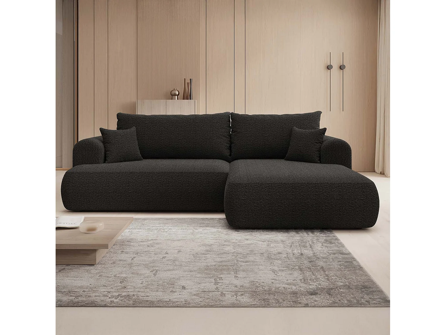 Canapé d'angle droit convertible Velaro Bouclette Noir