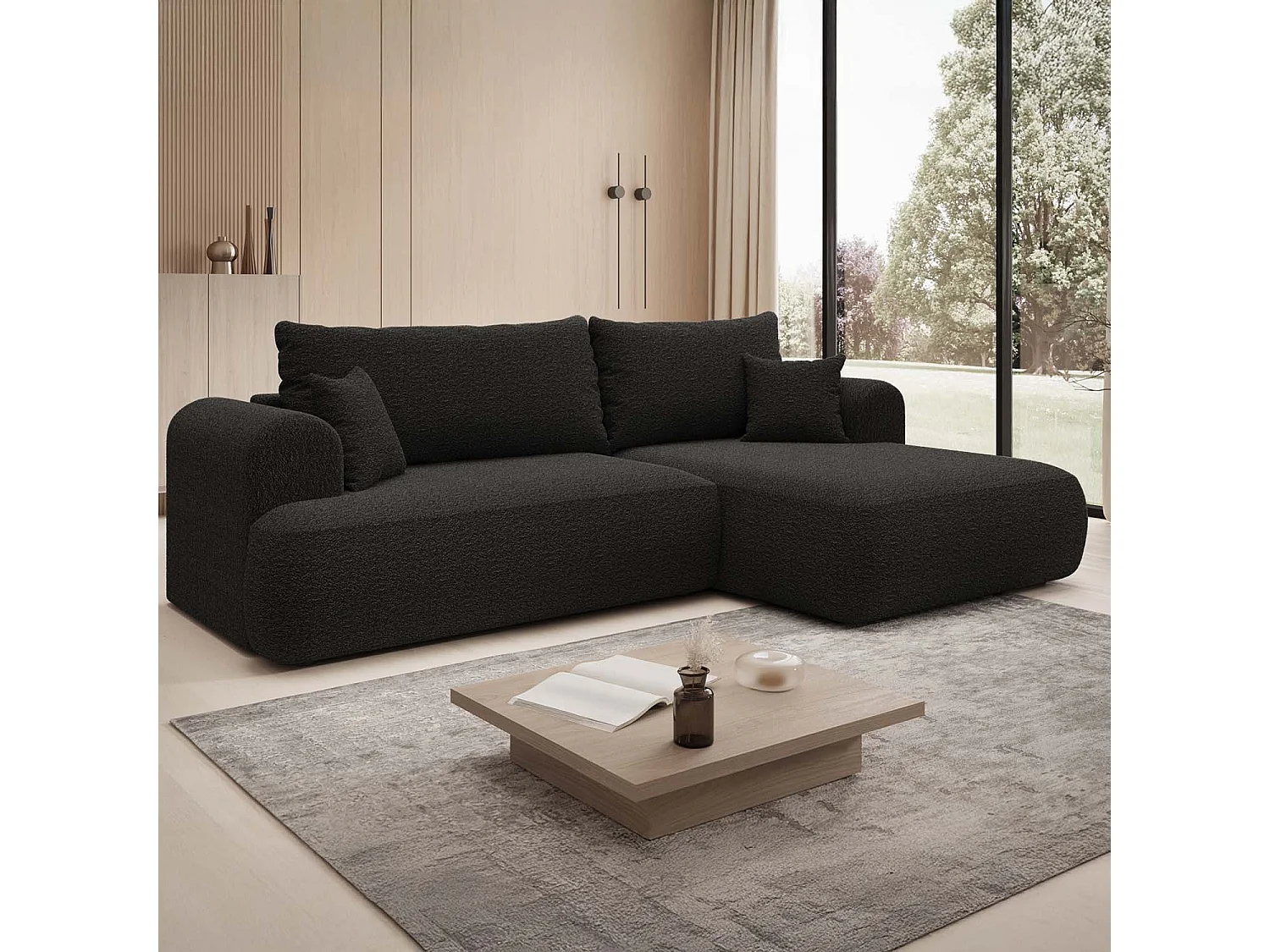 Canapé d'angle droit convertible Velaro Bouclette Noir