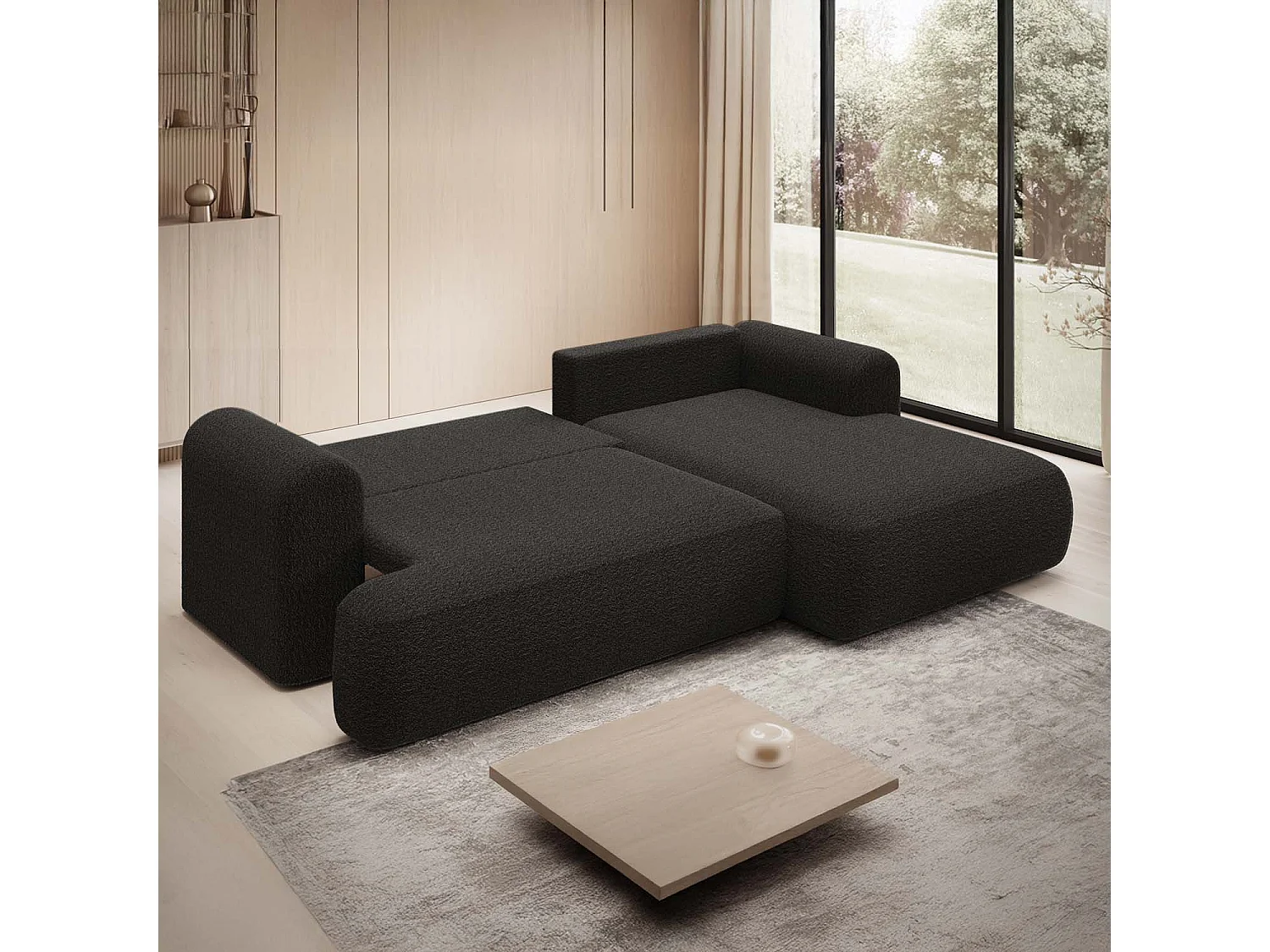 Canapé d'angle droit convertible Velaro Bouclette Noir