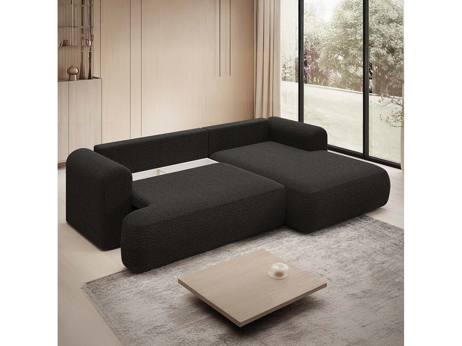 Canapé d'angle droit convertible Velaro Bouclette Noir