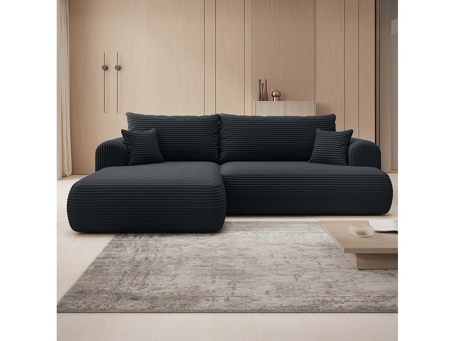 Canapé d'angle gauche convertible Velaro velours côtelé Noir
