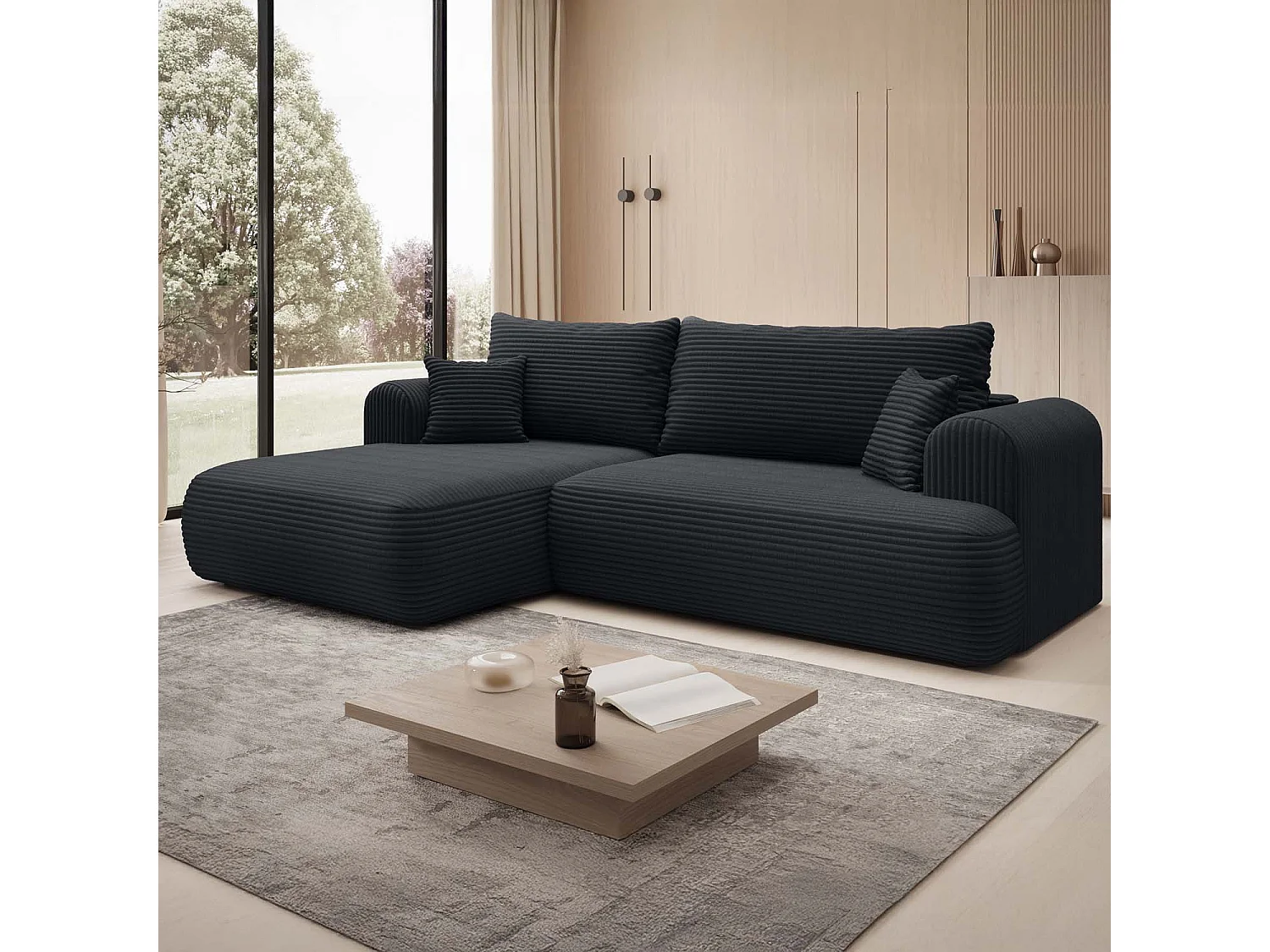 Canapé d'angle gauche convertible Velaro velours côtelé Noir