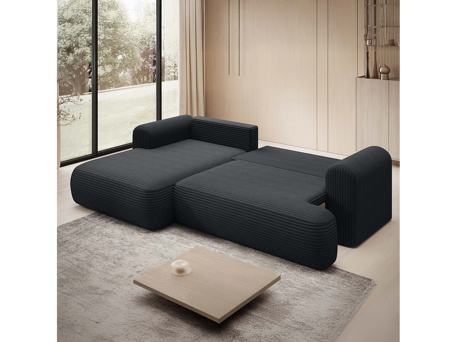 Canapé d'angle gauche convertible Velaro velours côtelé Noir