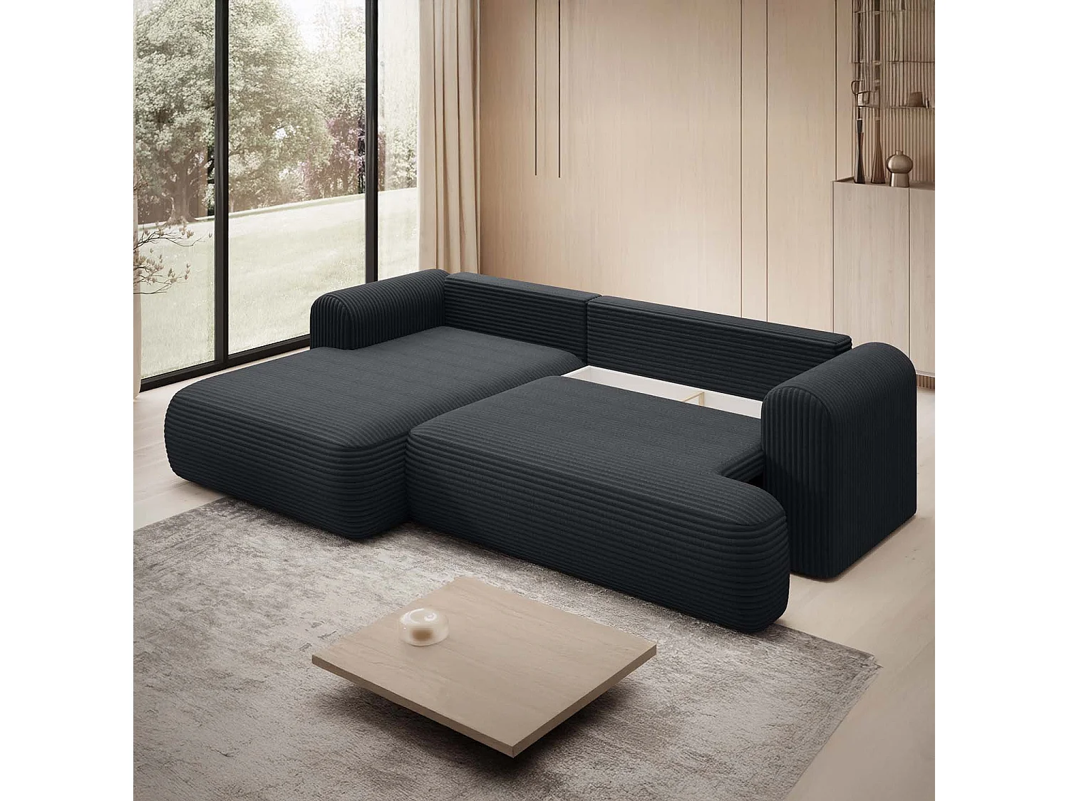 Canapé d'angle gauche convertible Velaro velours côtelé Noir